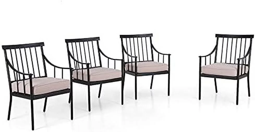 Outdoor Metal Dining Chairs With Cushion, 300Lbs Black Heavy Duty Weatherproof Chairs For Patio, Deck, Yard - Set Of 4