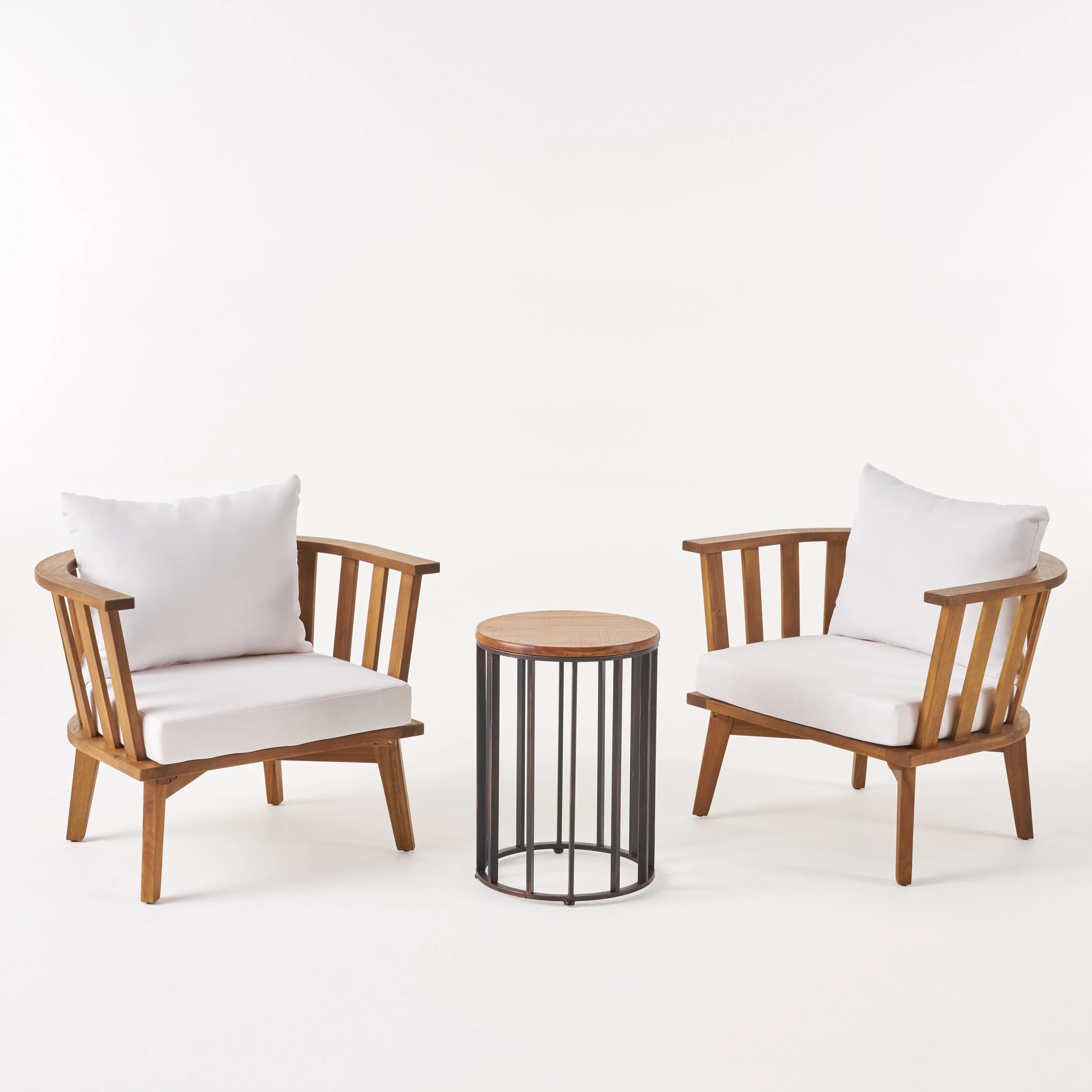 Heloise Outdoor Acacia Wood 2 Seater Club Chairs and Side Table Set, Teak and White
