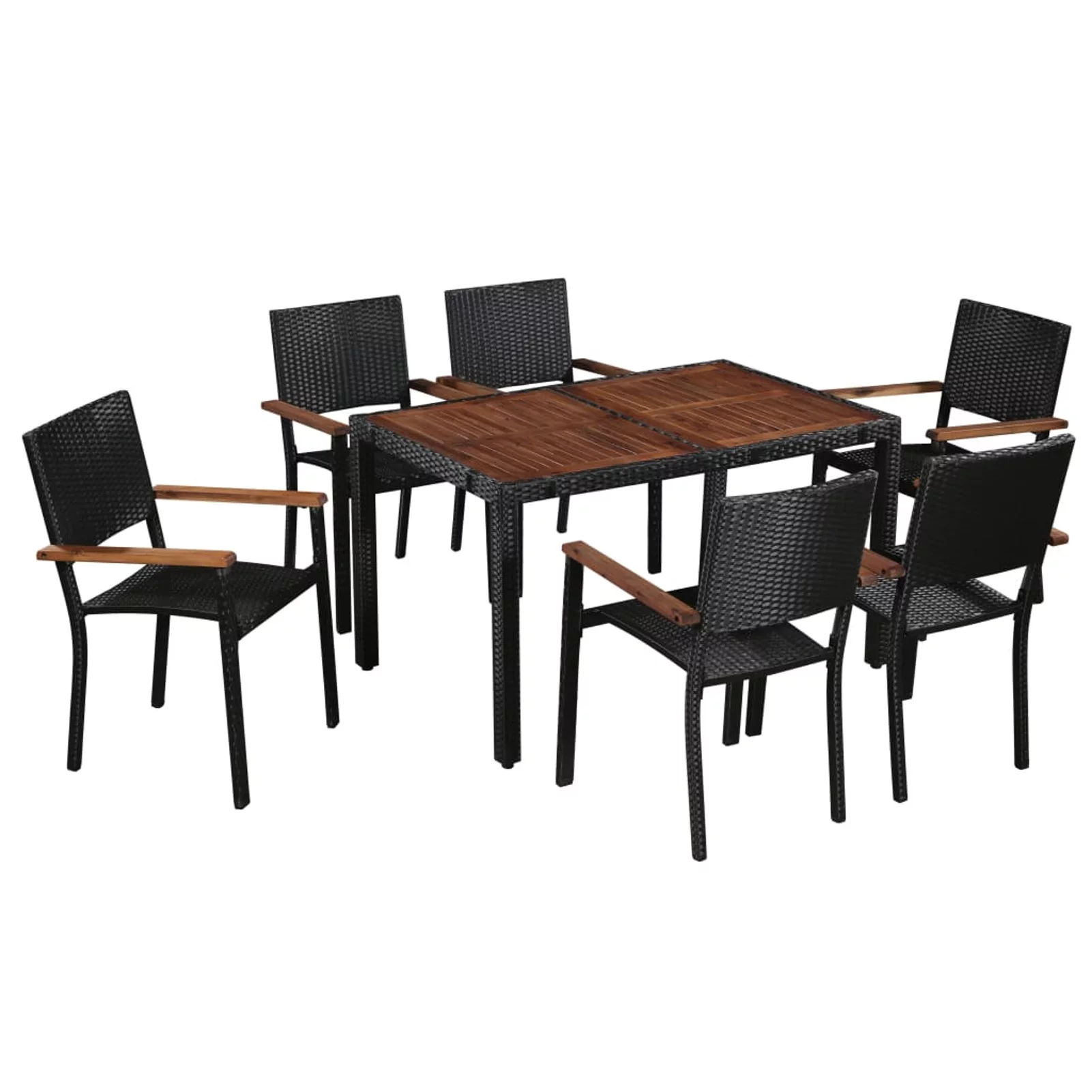 walmeck 7 Piece Patio Dining Set Poly Rattan and Acacia Wood Black