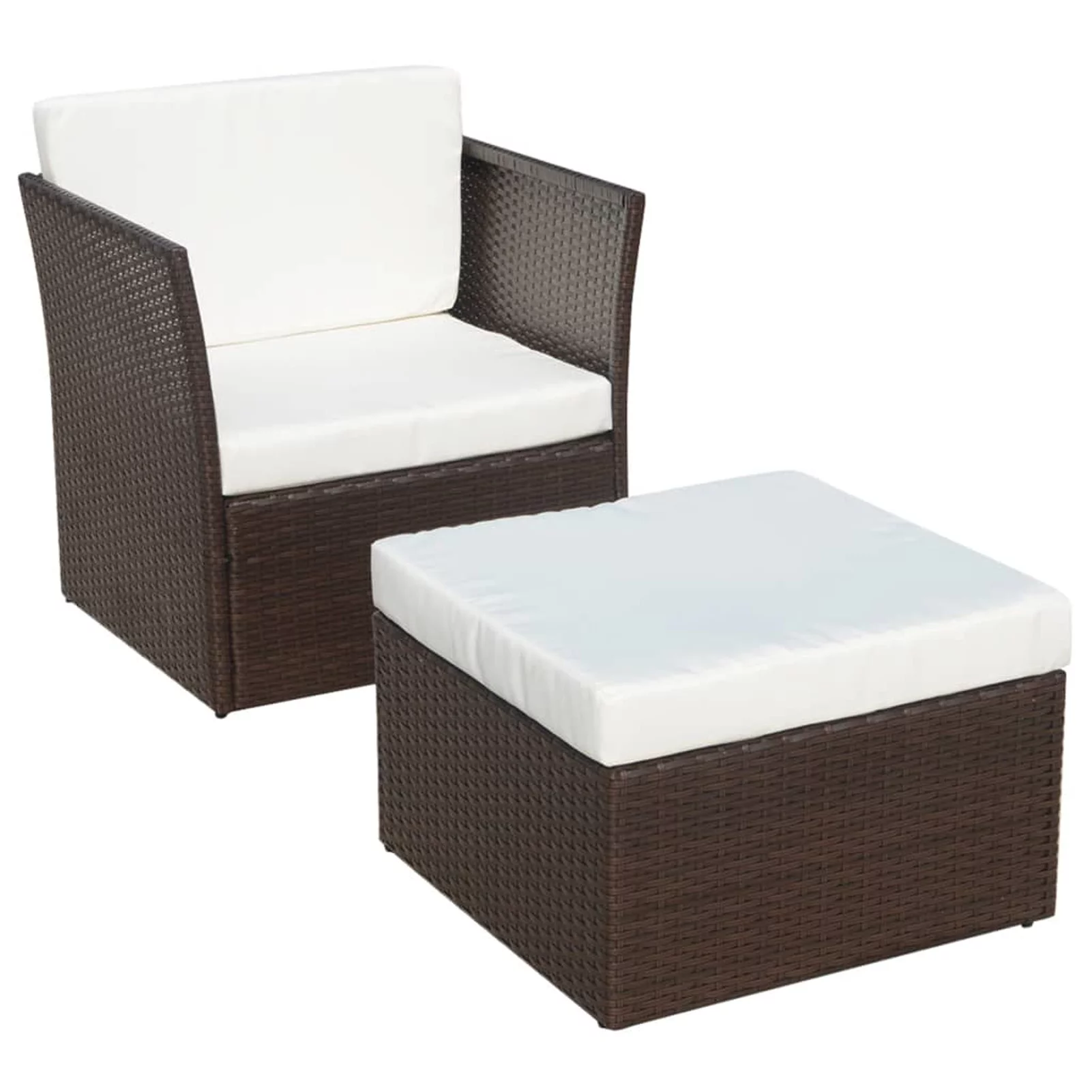 Dcenta Patio Garden Chair with Stool and Removable Cushions Set Brown Poly Rattan Armrest Chair and Footrest  Balcony Backyard Furniture