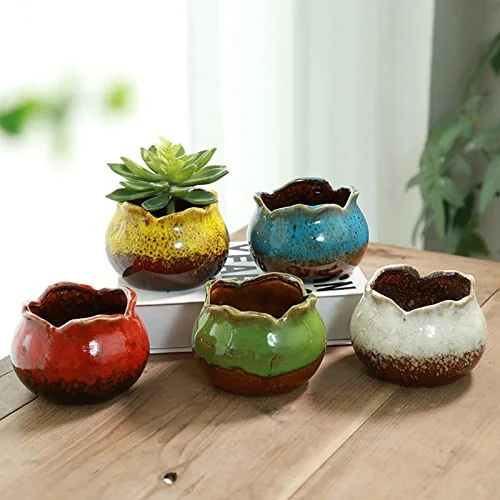 Walbest Mini Bowl Succulent Pots with Drain Hole, 4in Ceramic Succulent Planters Pots Decorative Flower Pot Succulent Plant Pots for Indoor Outdoor Plants Blue
