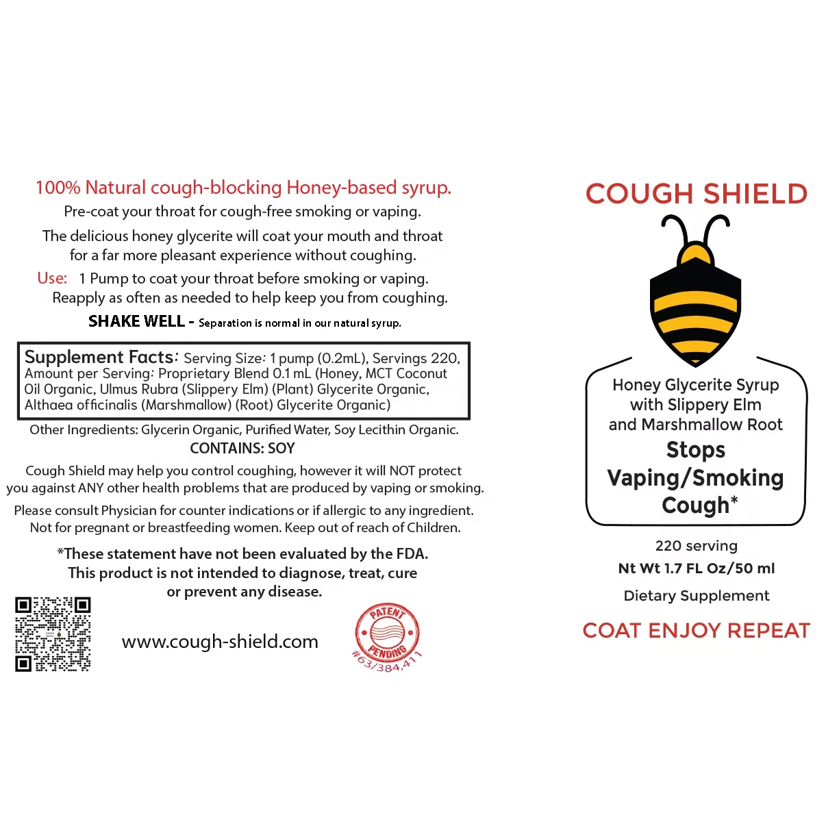 Cough Shield Stops Dry Cough! 100% Natural, Honey Glycerite Syrup, Slippery Elm & more. 220 Servings.