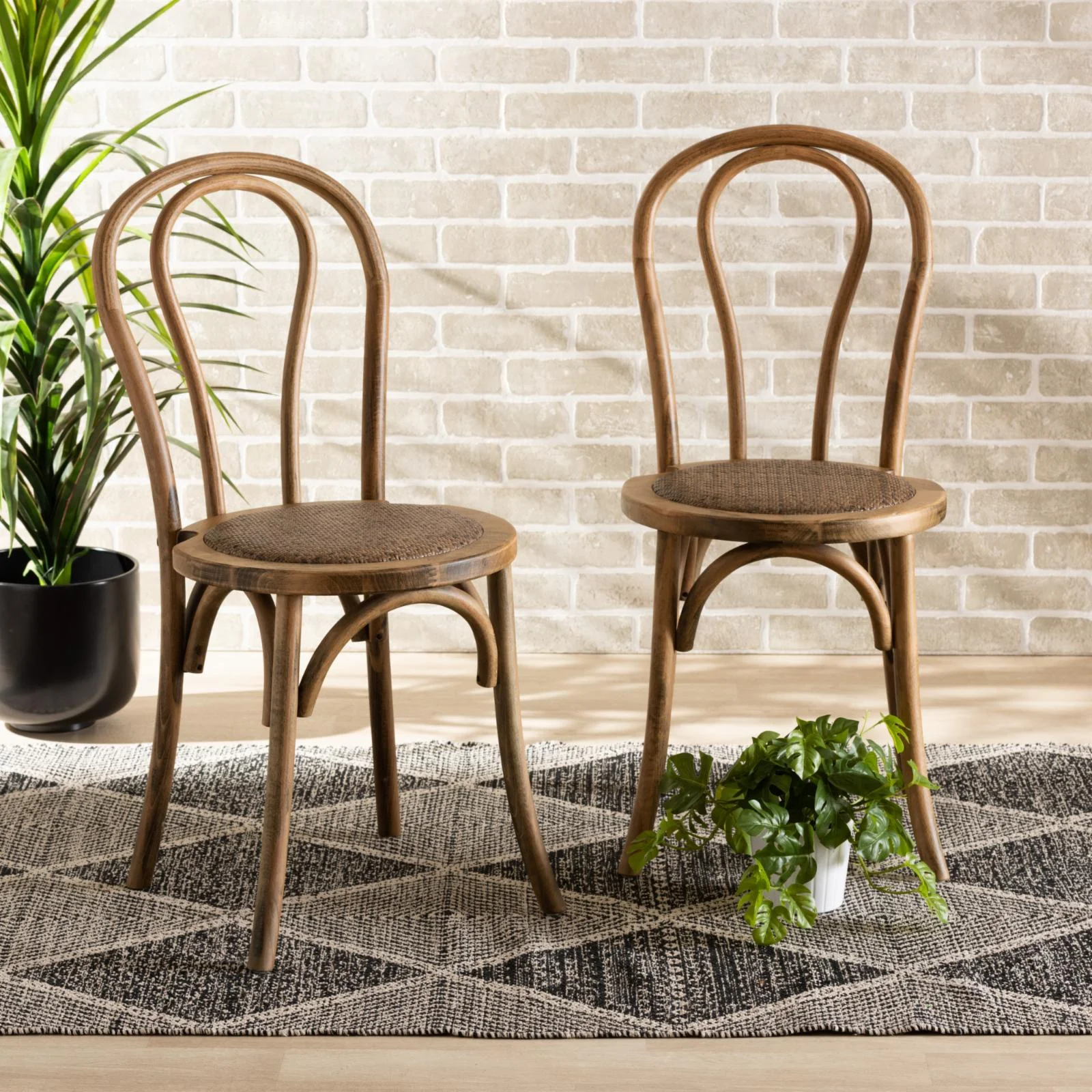 Baxton Studio Dacian Brown Woven Rattan and Brown Wood 2-Piece Dining Chair Set