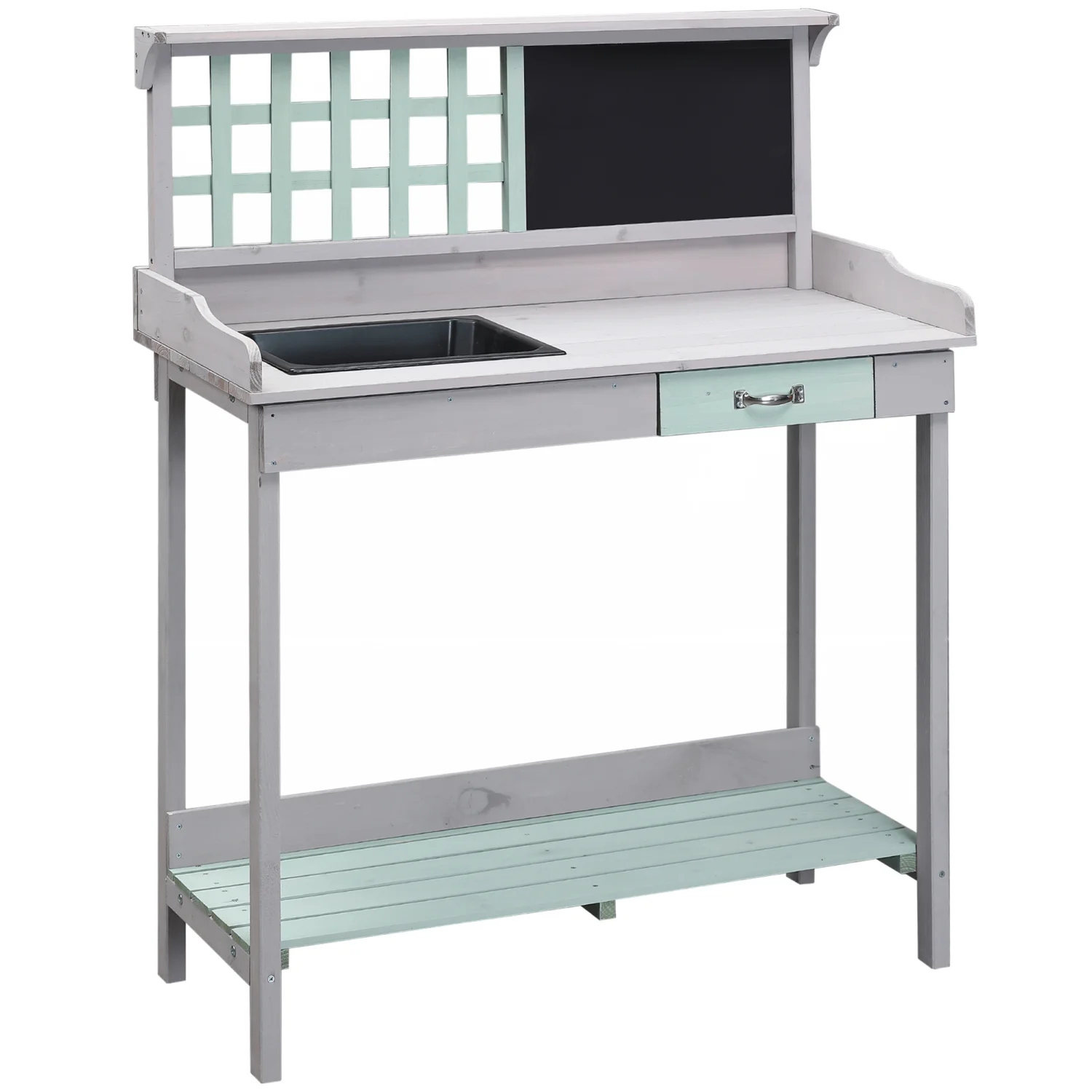 CHYUTR Outdoor Wooden Potting Bench  with Removable Sink  Garden Work Bench with Chalkboard  Drawer  Open    Light Gray
