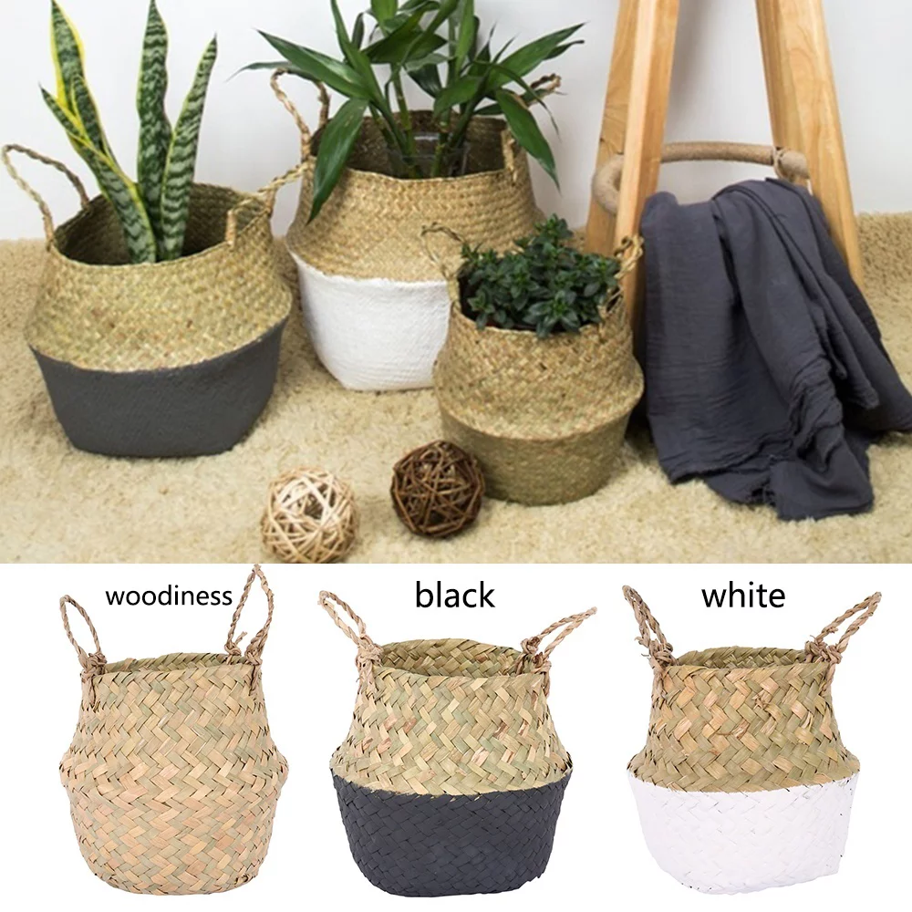 ODOMY Foldable Seagrass Knit Storage Basket Hanging Decorative Garden Flower Pot Laundry Toys Big Belly Basket