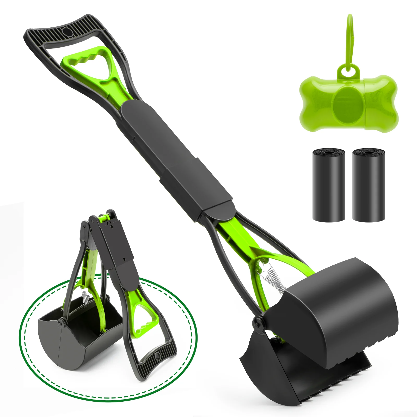 WVacFre 32 inch Green Black Pooper Scooper for Dogs and Cats,Foldable Long Handled Pet Poop Shovel Clean Pick up Grabber