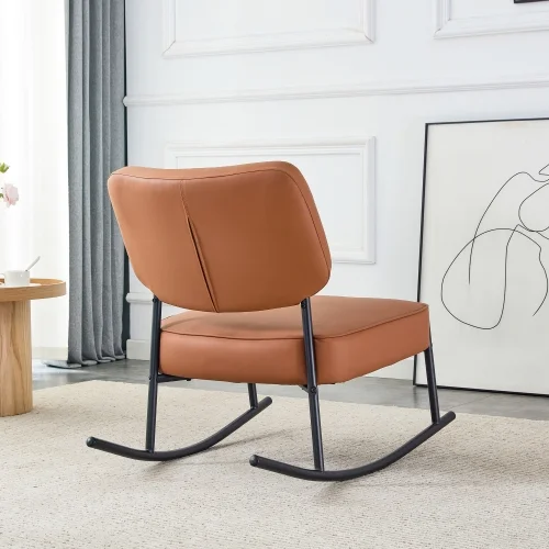 PU material cushioned rocking chair, unique rocking chair, cushioned seat, brown backrest rocking chair, black metal legs