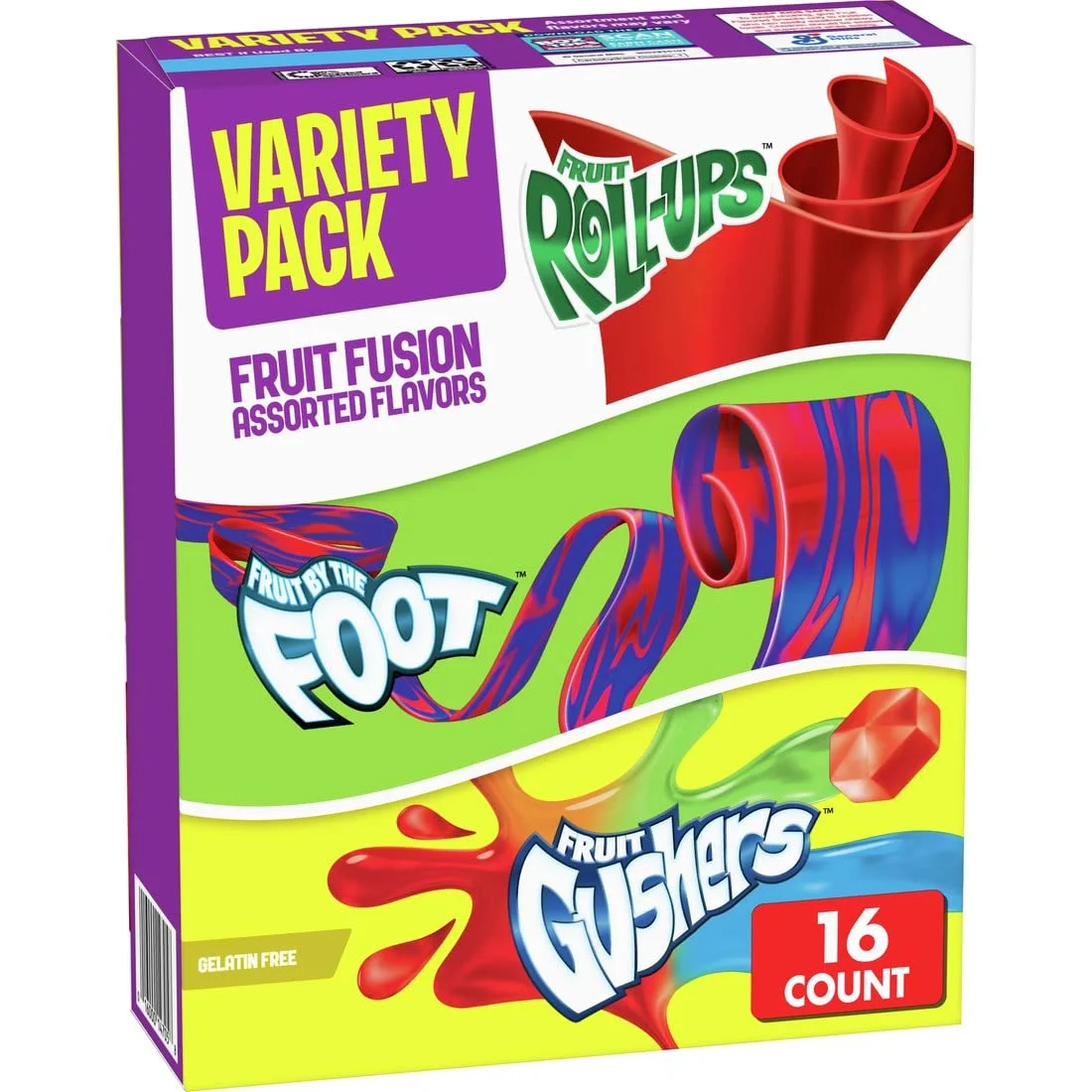 Fruit Roll-Ups, Fruit By The Foot, Gushers, Snacks Variety Pack, 16 Ct