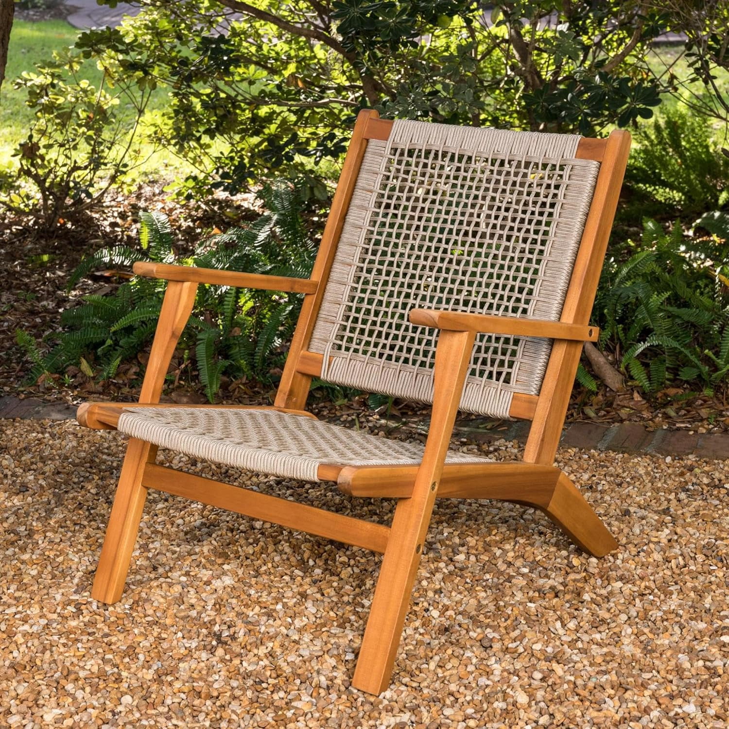 Patio Sense 62773 Vega Natural Stain Outdoor Chair Acacia Wood Construction Hand Woven Seat Mid Century Design Comfortable Reclining Armchair Patio Lawn Garden Backyard Deck - Ecru Cording