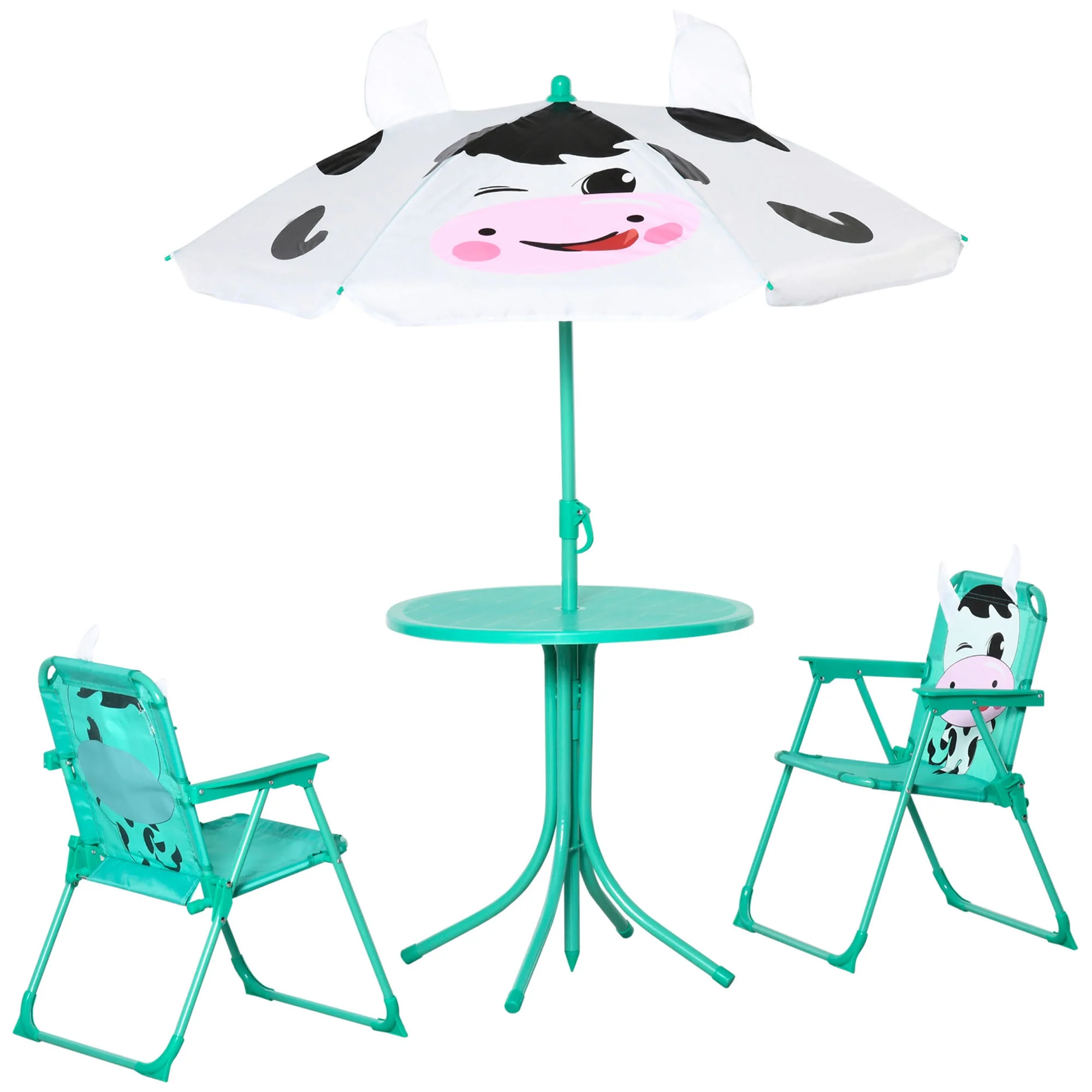 DeeHome Kids Table and Chair Set, Outdoor Folding Garden Furniture, Picnic Table for Patio Backyard, with Dairy Cow Pattern, Removable & Height Adjustable Sun Umbrella, Aged 3-6 Years Old,White
