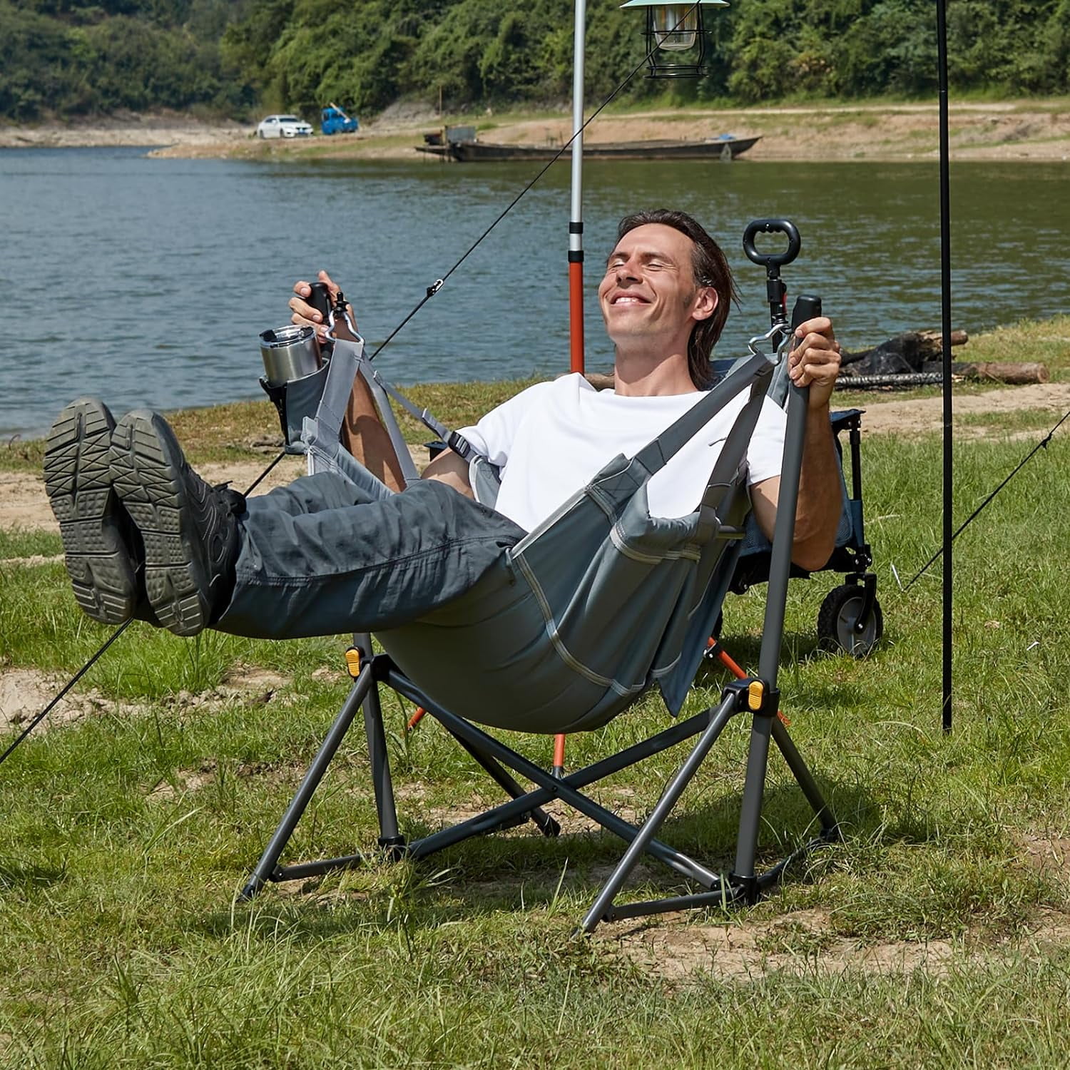 roushimao Hammock Camping Chair with Adjustable Backrest, Heavy Duty Folding Hammock Chair Supports 300lbs, Portable Hammock Chair for Camping, Travelling and Patio, Tan