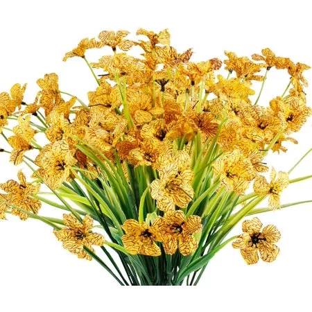 8 Bundles Artificial Flowers Outdoor UV Resistant Fake Flowers No Fade Plastic Plants Garden Porch Window Box Decorating (Yellow)