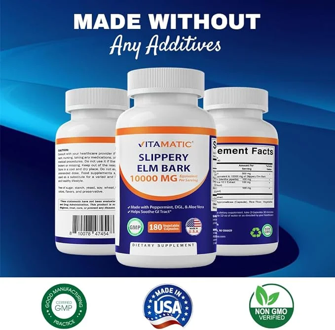 Vitamatic Slippery Elm Bark 20:1 Extract, 10000 mg Equivalent Strength Per Serving, Made with Peppemrint, DGL, & Aloe Vera - 180 Veg Capsules, and Concentrated 20X Potency