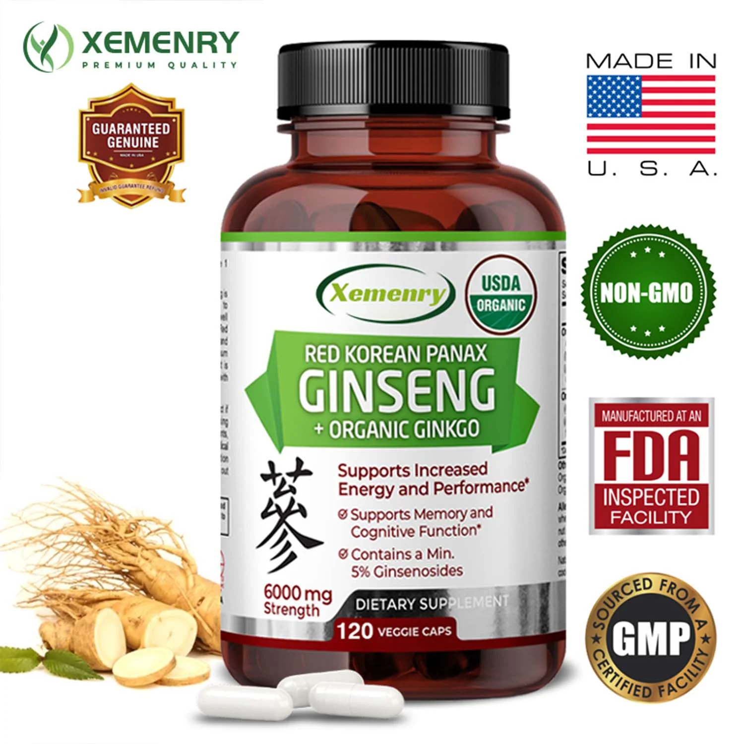 Xemenry Red Korean Panax Ginseng + Organic Ginkgo - Testosterone Booster for Men (30/60/120pcs)