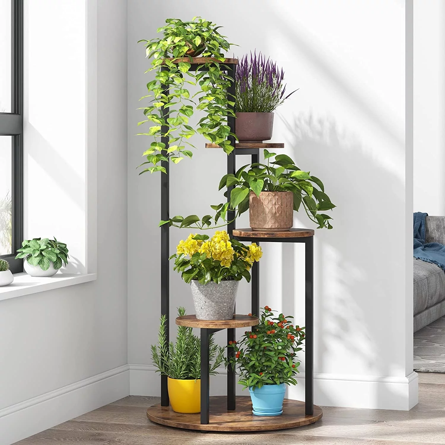 Corner Plant Stand Indoor, 4-tier Tall Plant Shelf Holders Round Board Black