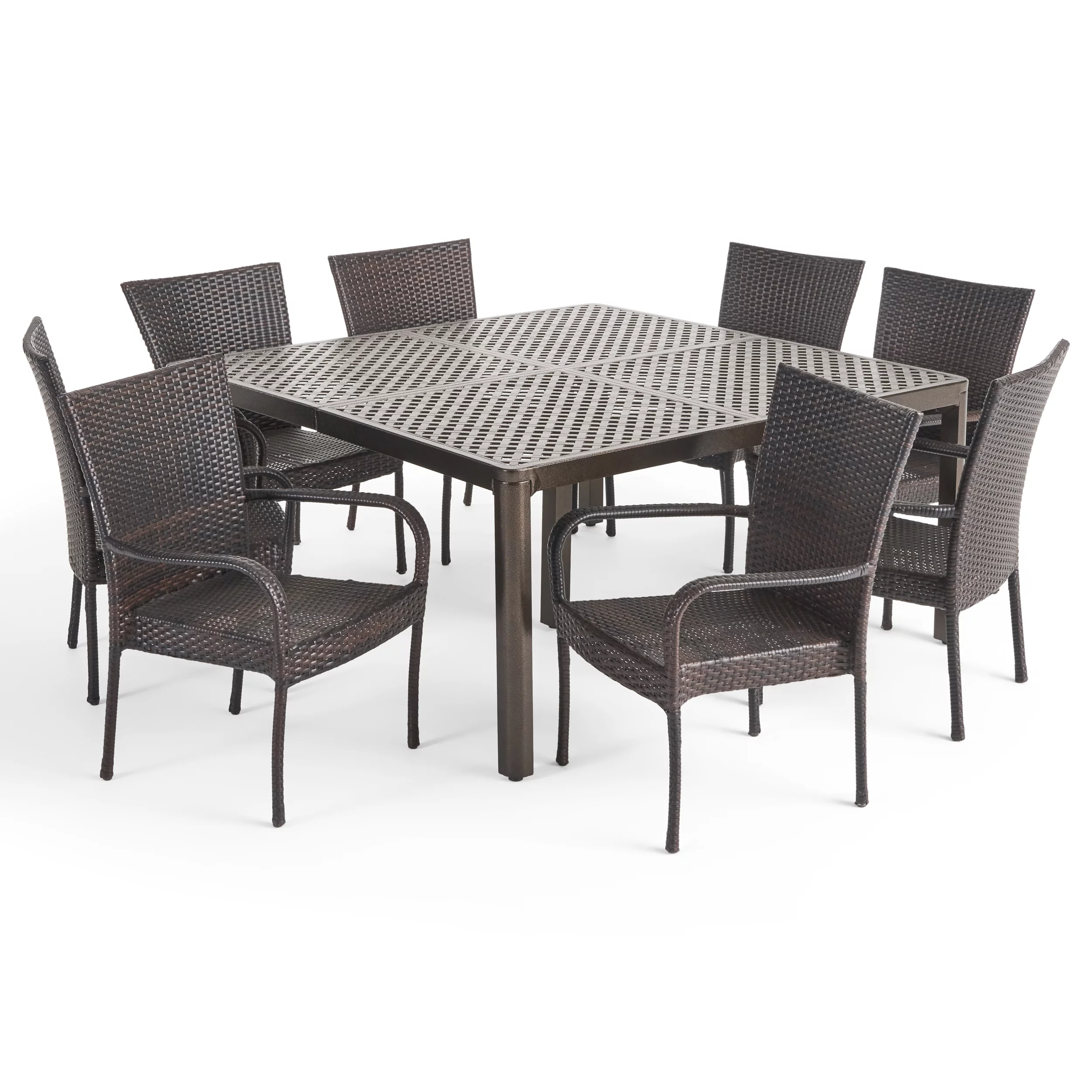 Anika Outdoor Aluminum and Wicker 8 Seater Dining Set with Stacking Chairs, Gloss Black and Multibrown