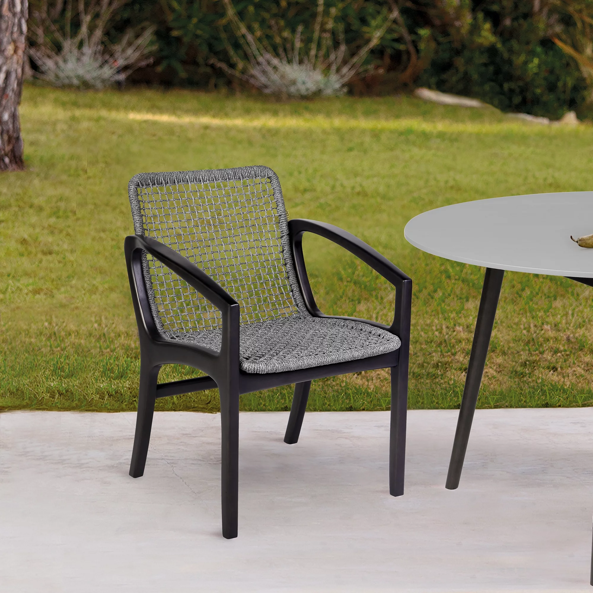 Brighton Outdoor Patio Dining Chair in Dark Eucalyptus Wood and Grey Rope