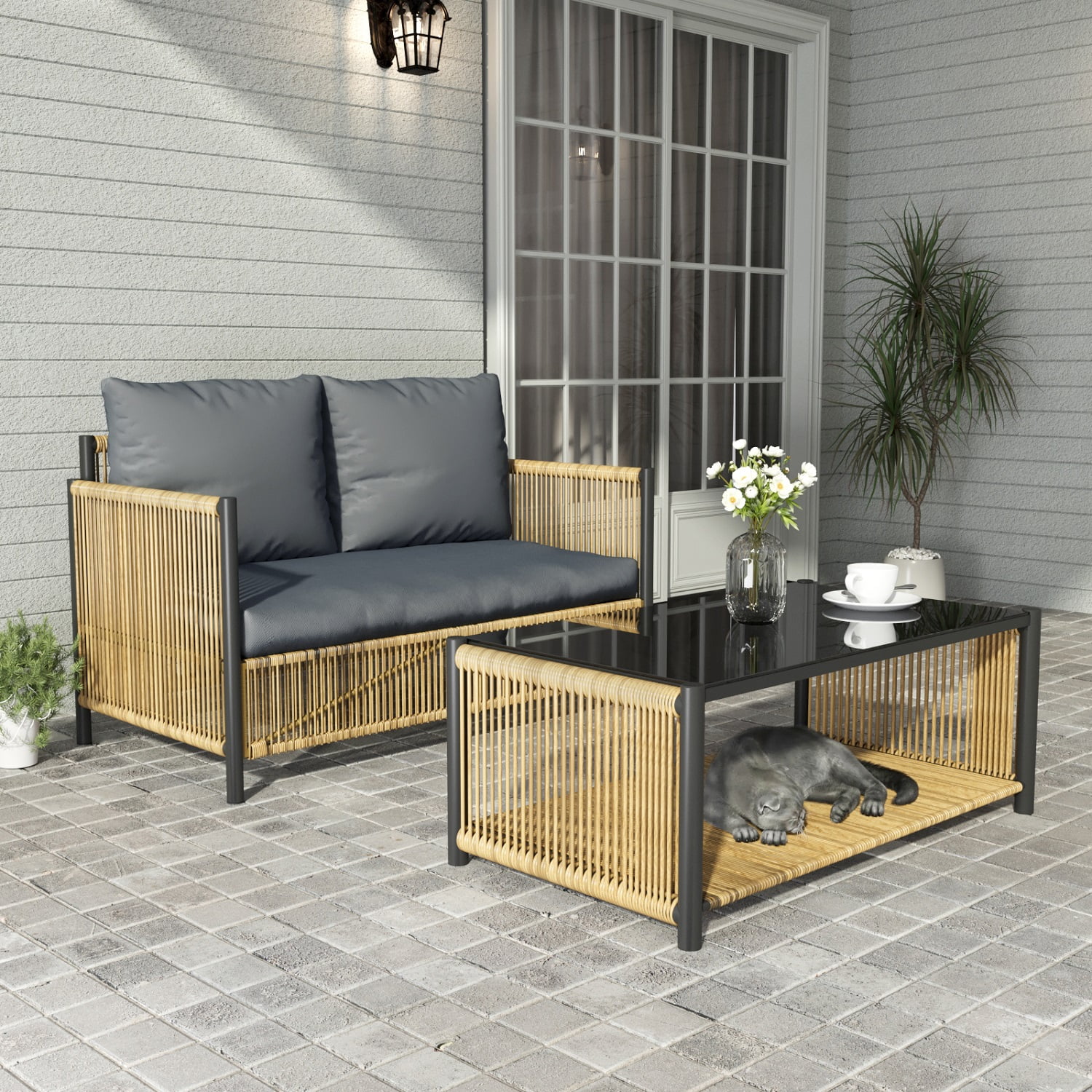 Smuxee PE Wicker Patio Furniture Set with 2 Outdoor Chair,Outdoor Furniture for Garden Porch Patio