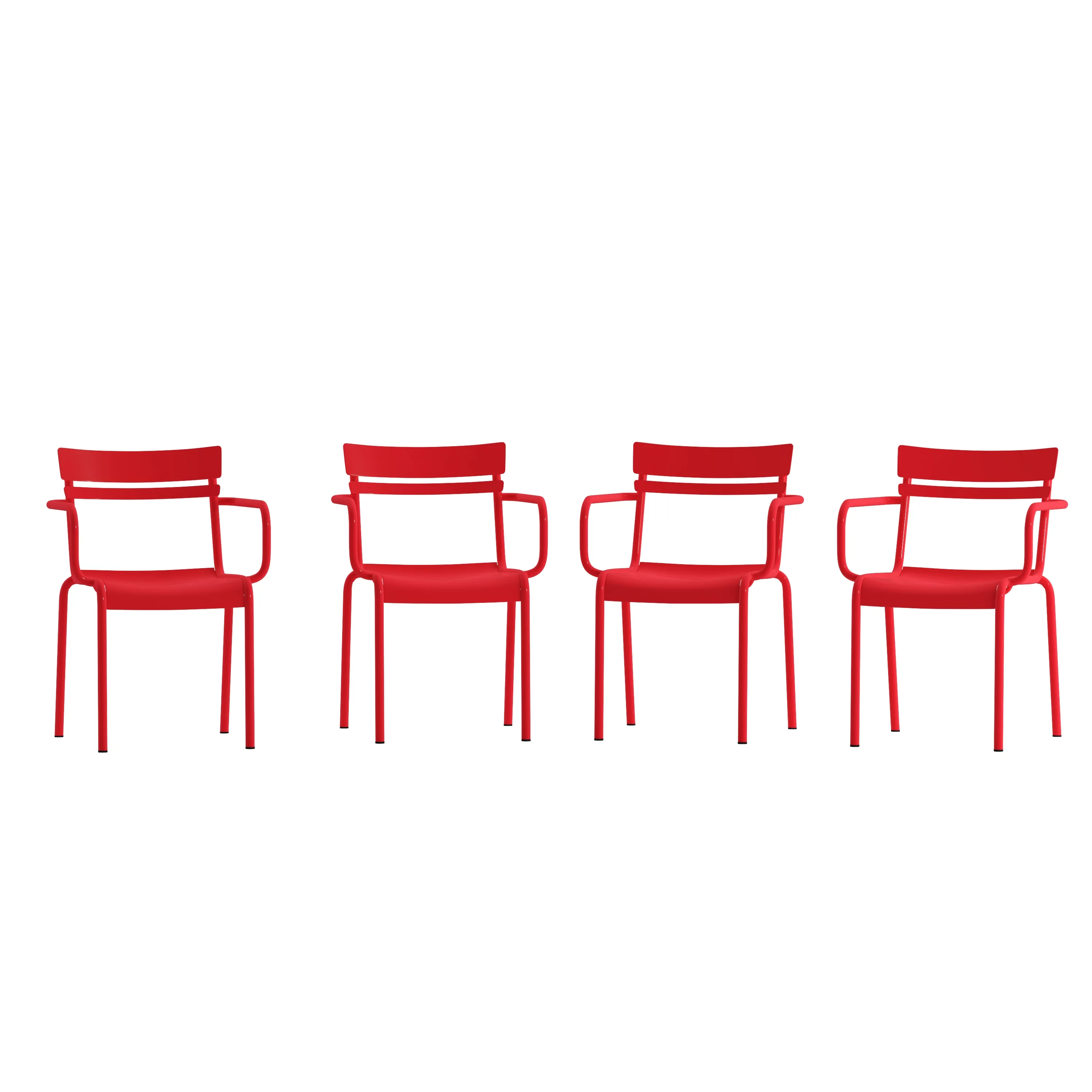 BizChair Commercial Grade Red Steel Indoor-Outdoor Stackable Chair with 2 Slats and Arms, Set of 4
