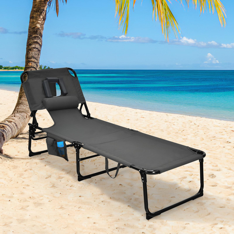Tanning Chair, Folding Adjustable Patio Lounge Chair with Face Hole, Removable Pillow, 330LBS, Carry Strap, Outdoor Sunbathing Chair, Lightweight Portable Beach Lounge Chair (1, Grey)