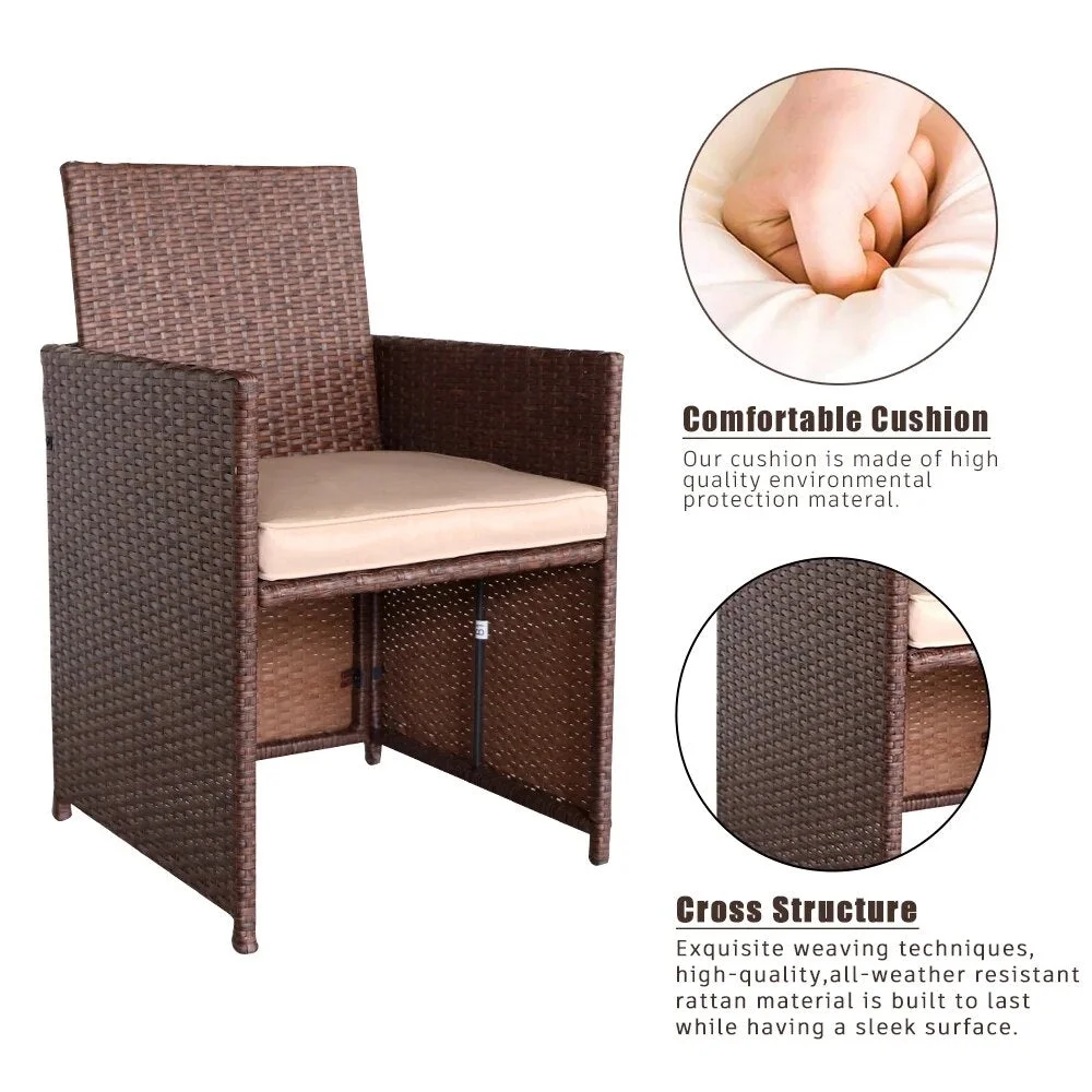 Patio Furniture Set 9 Pieces Wood Grain PE Wicker Rattan Dining Ottoman Chair with Tempered Glass Table Steel Frame[US-Stock]