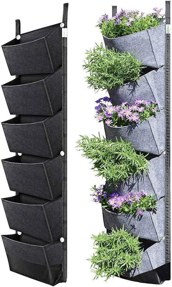 BUYTER Vertical Wall Hanging Garden Planter with 6 Pockets Flower Pots Felt Planter Grow Container Bags (Grey)