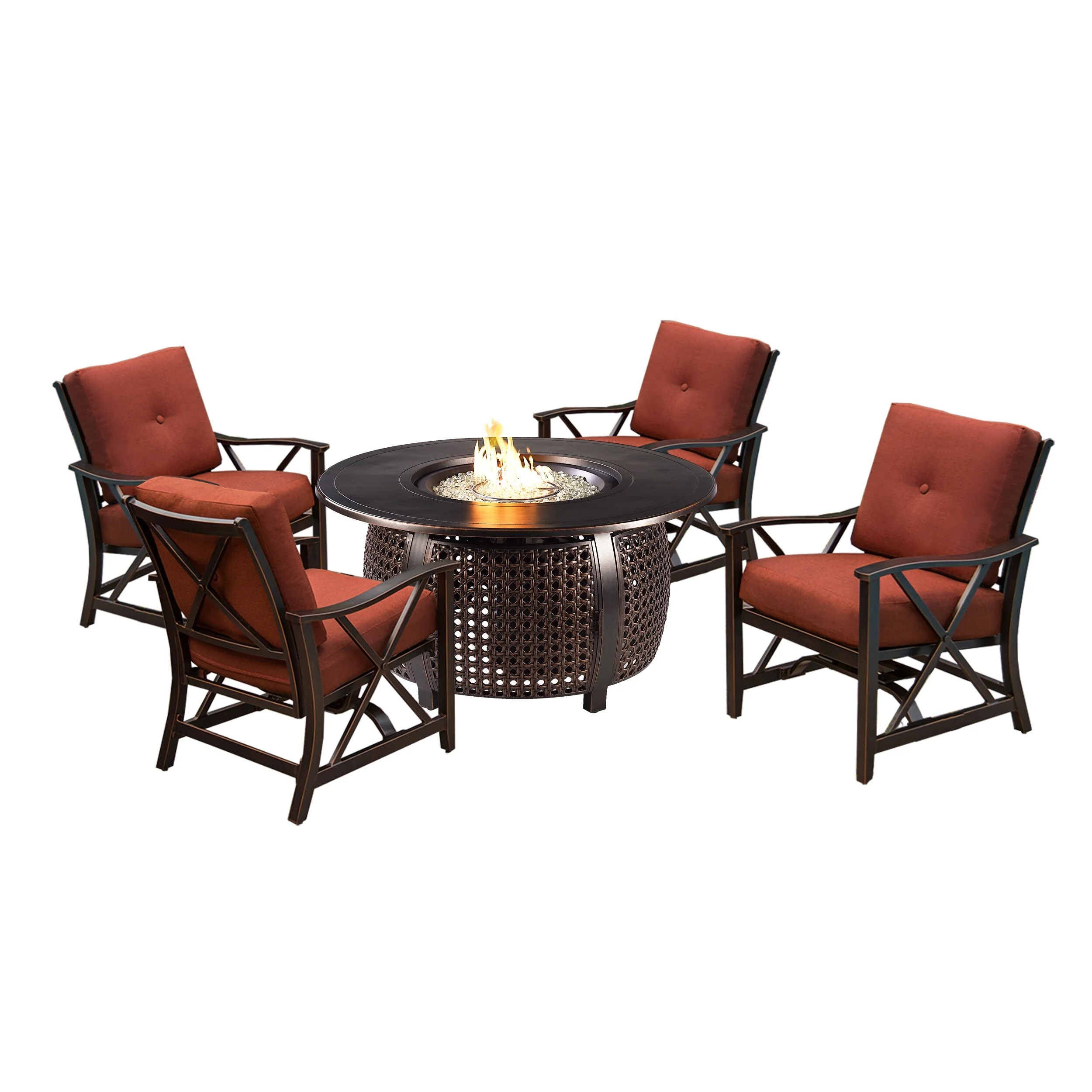 Oakland Living Corporation Aluminum 44-in Round Antique Copper Fire Table Set with Four Deep Seating Rocking Chairs with Accessories - N/A