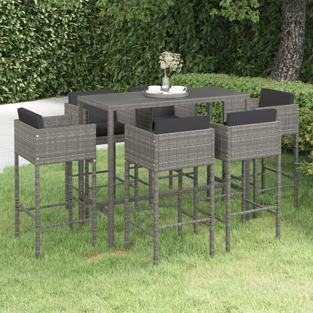 Furniture Sets 7 Piece Patio Bar Set with Cushions Poly Rattan Gray Outdoor Tables for Conversation Dining Outdoor Bench Gray