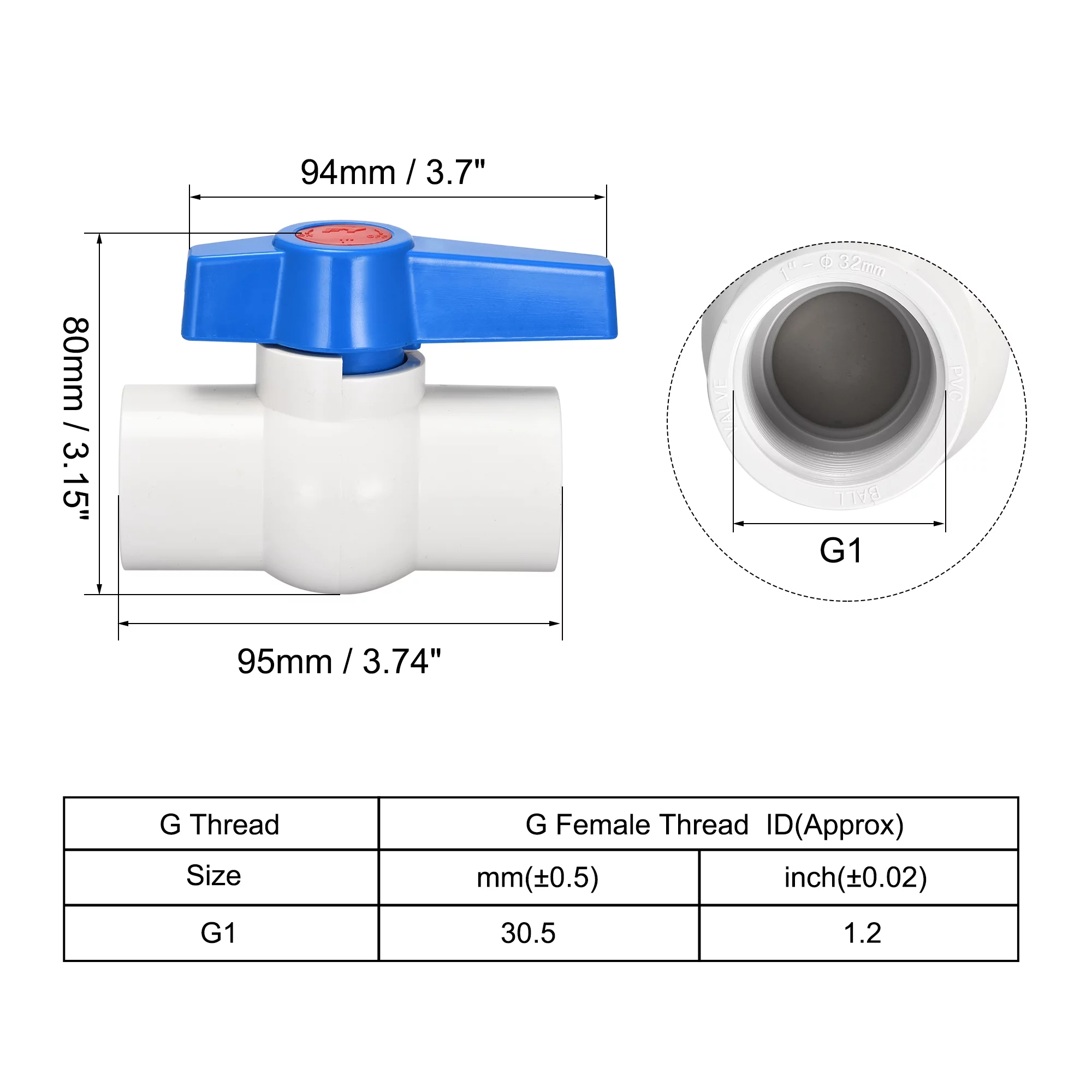 Ball Valve, G1 Female Thread, PVC Valve for Aquarium Setup, Sump Pump, Pool, Garden Sprinkler White Blue 5Pcs