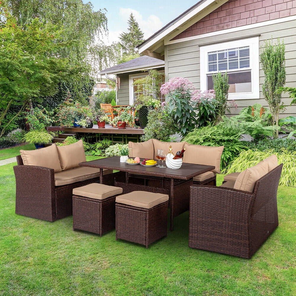 8PCS Patio Rattan Dining Set Cushioned Sofa Ottoman Table Yard Furniture