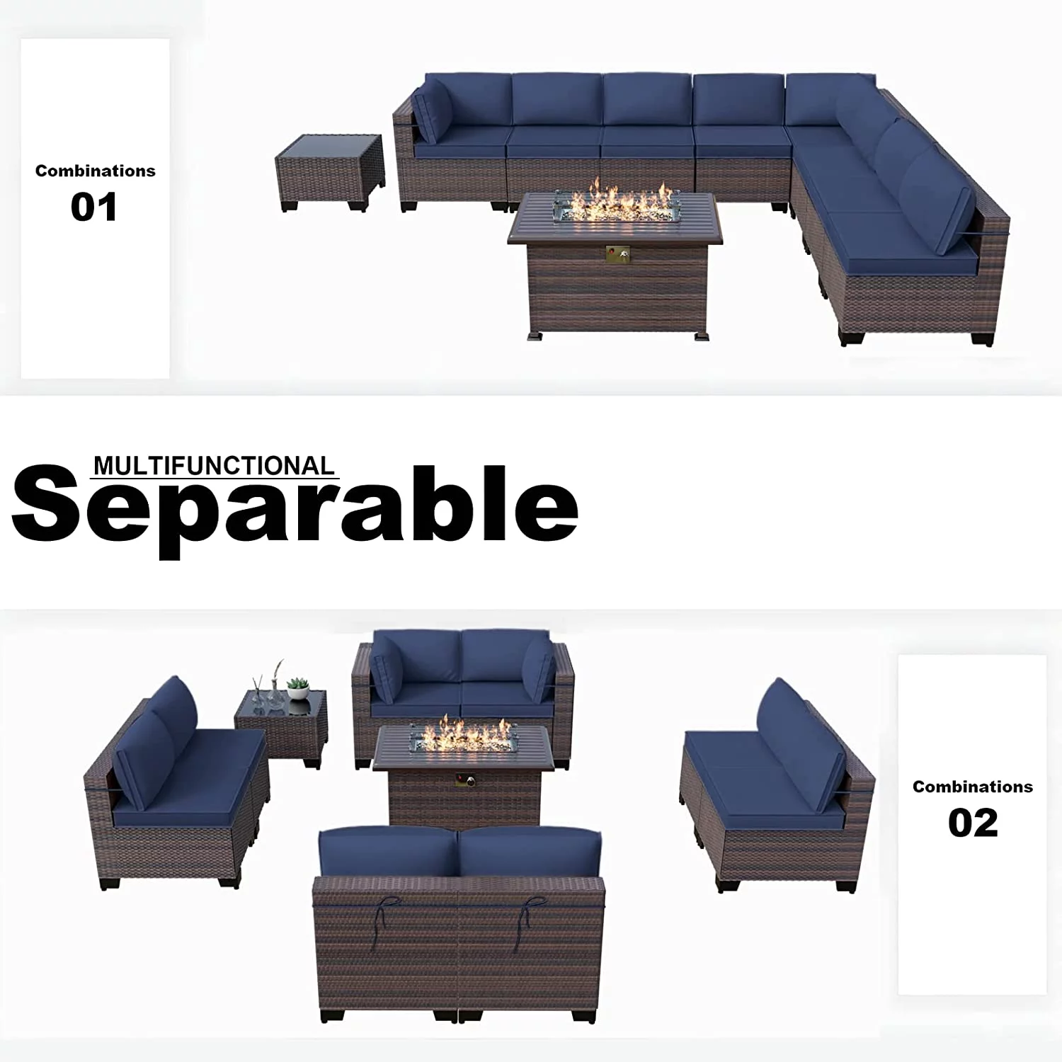 8PCS Outdoor Patio Furniture Set with 43" 55000BTU Gas Propane Fire Pit Table PE Wicker Rattan Sectional Sofa Patio Conversation Sets Navy Blue