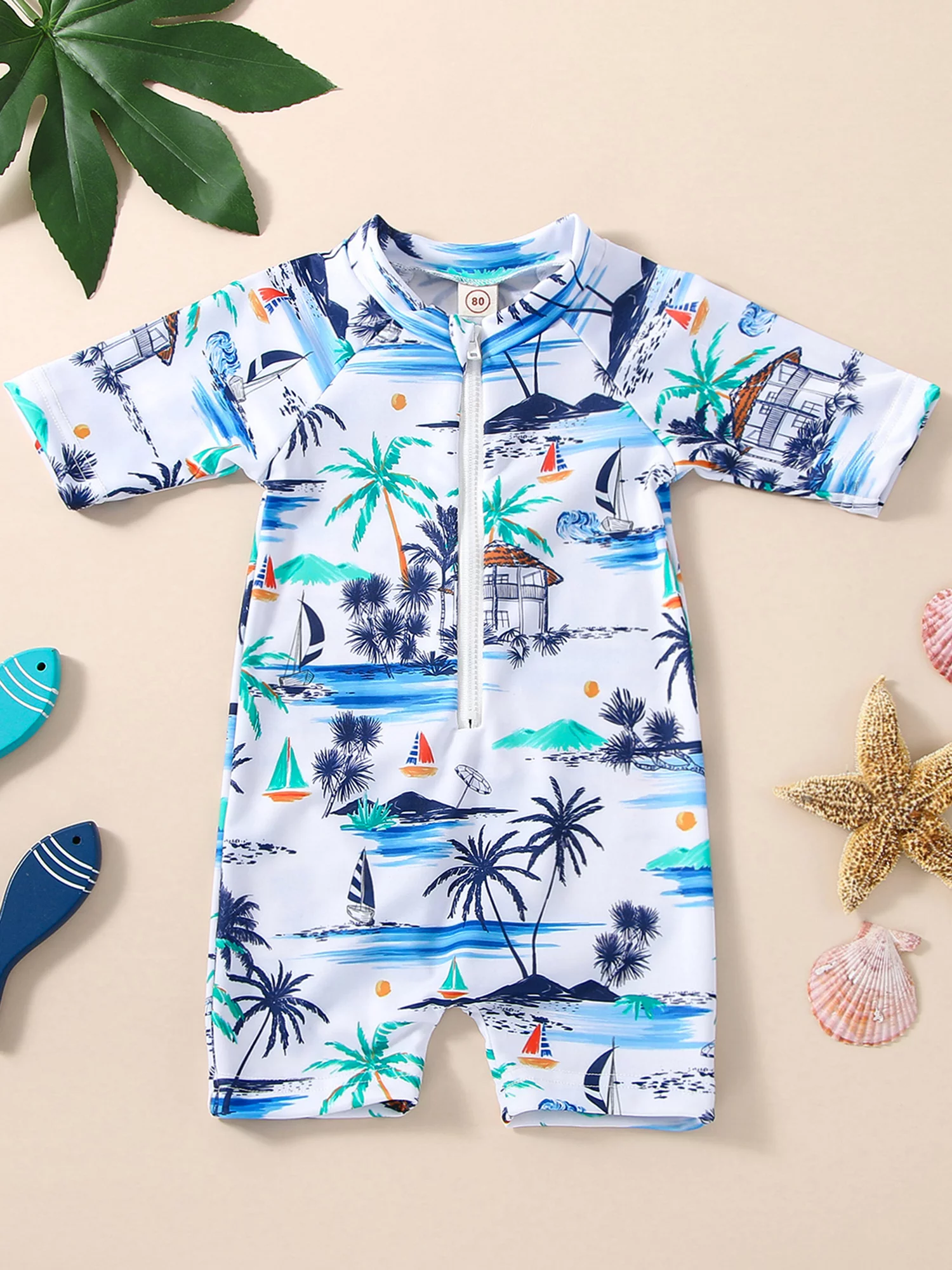 HOANSELAY Boy Romper Swimsuit, Long Sleeve Stand Neck Zipper Coconut Tree Beach Print Beach Swimwear Jumpsuit