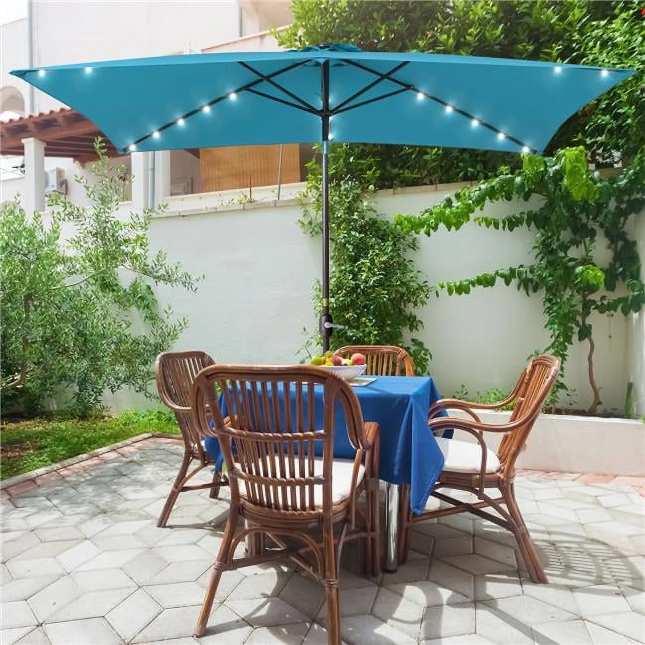 10 ft. x 6.5 ft. Rectangle Solar LED Outdoor Patio Market Table Umbrella with Push Button Tilt and Crank in Lake Blue