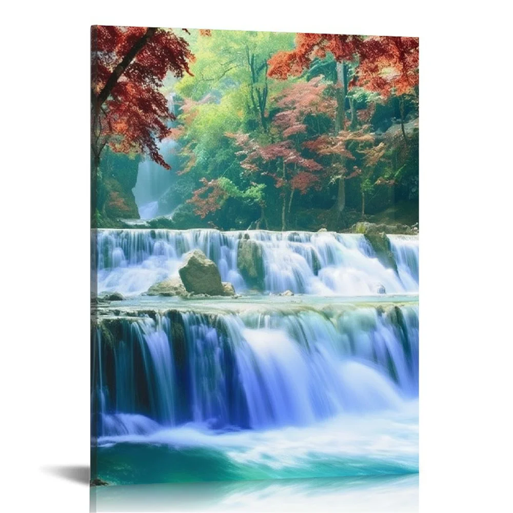 QFMY Decor Art-Wall Art 1 Pieces Waterfall Canvas Print Landscape Paintings Framed Red Trees Forest Canvas Falls Picture for Bedroom Living Room Office kitchen Home Decor Ready to Hang 12x16 in