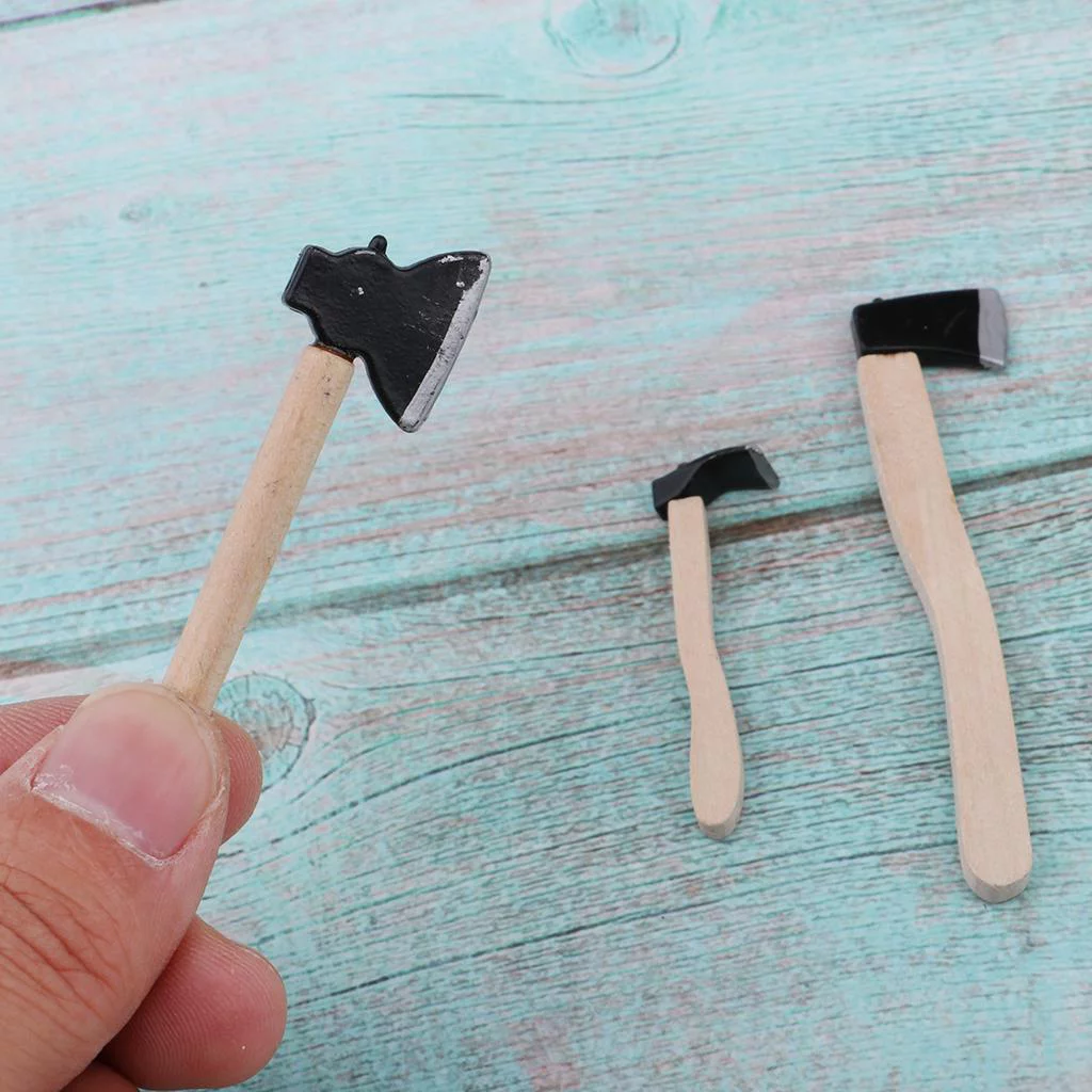 Dolls House Miniature Wooden Handle Hatchet Hoe Garden Supplies Hand Tools Set 3pcs
