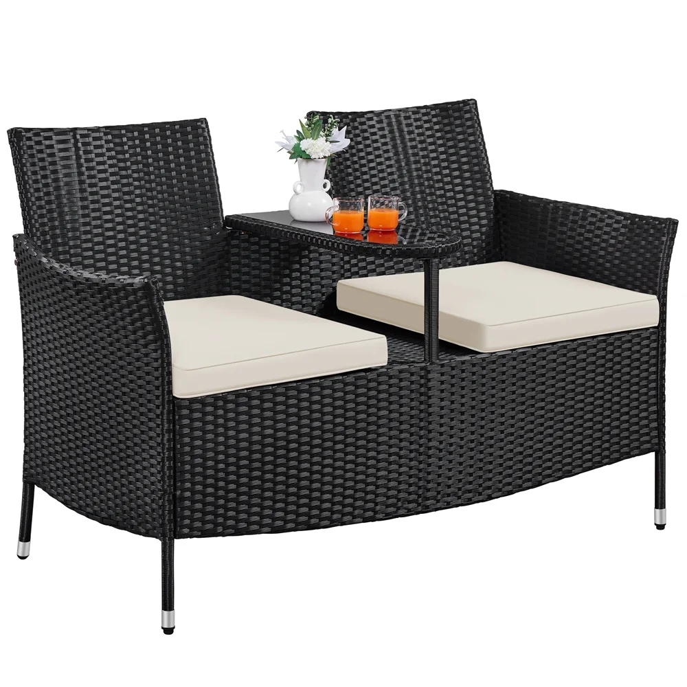 Yaheetech Wicker Double Chair with Tempered Glass Side Table, Black/Beige