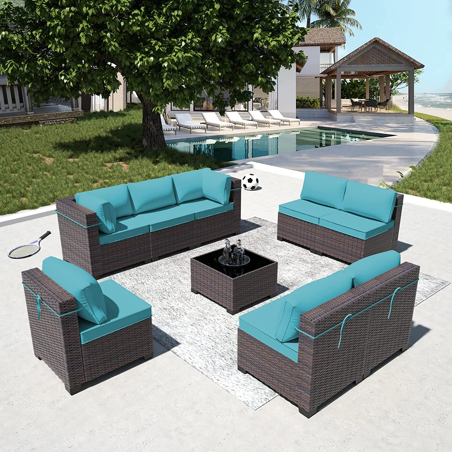 Outdoor Patio Furniture Set  12 Pieces Outdoor Furniture All Weather Patio Sectional Sofa PE Wicker Modular Conversation Sets with Coffee Table 10 Chairs & Seat Clips(Dark Blue)