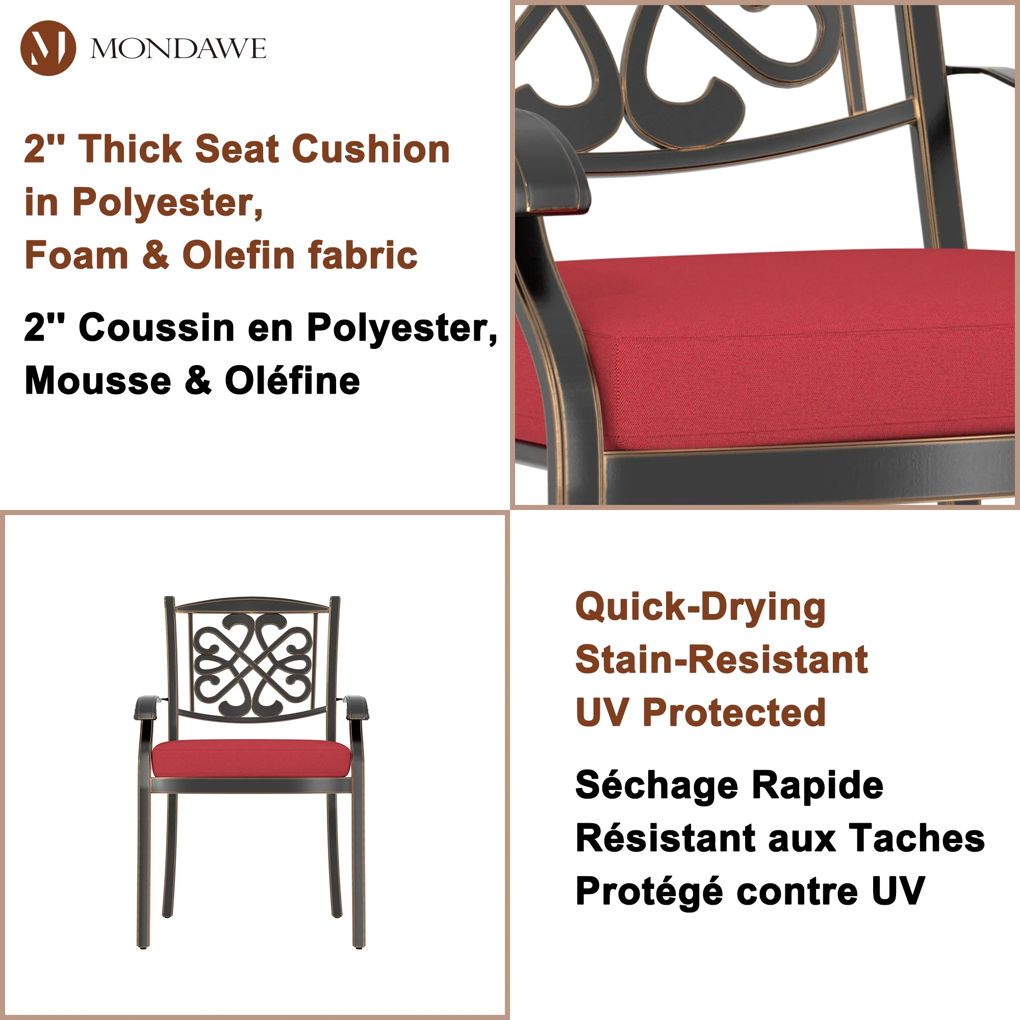 Mondawe 4-Piece Cast Aluminum Diagonal-Mesh Vines Backrest Dining Chairs (Red)