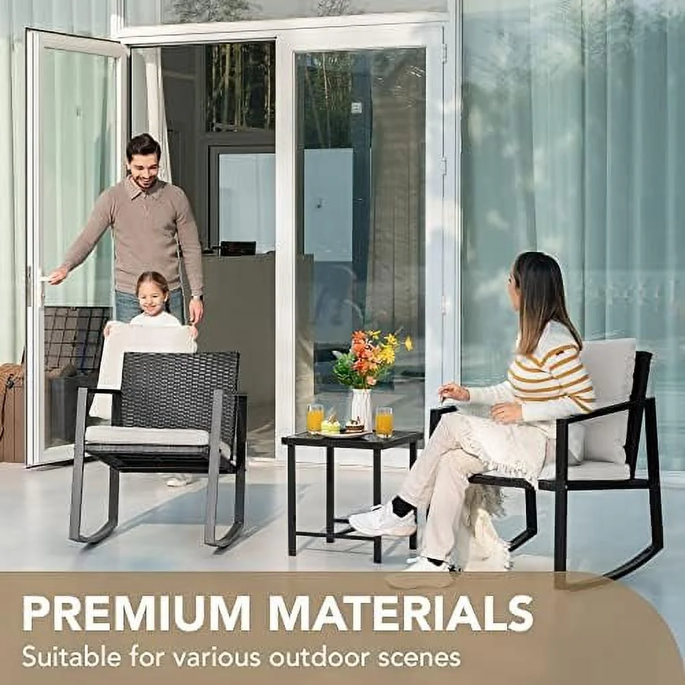 SJUIONG 3 Piece Rocking  Wicker Patio Outdoor  Porch Chairs Conversation Sets with Glass Coffee Table (Blue)