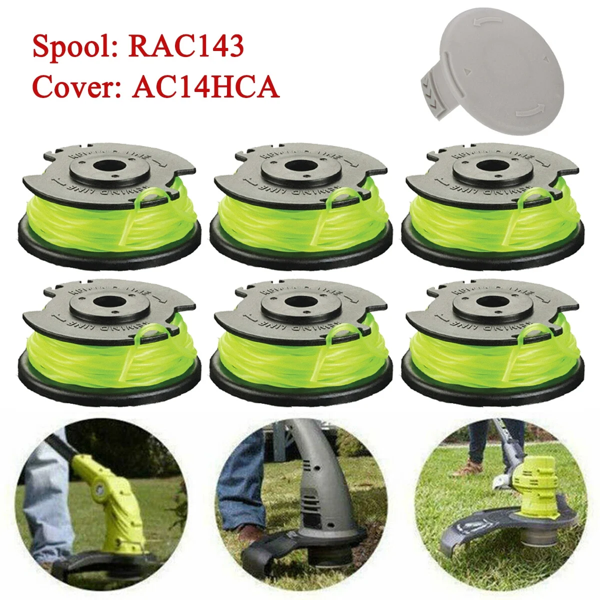 ALLTIMES 6PCS RAC143 Replacement Spool + AC14HCA Trimmer Spool Cover for Ryobi+ Series Cordless Trimmer Models