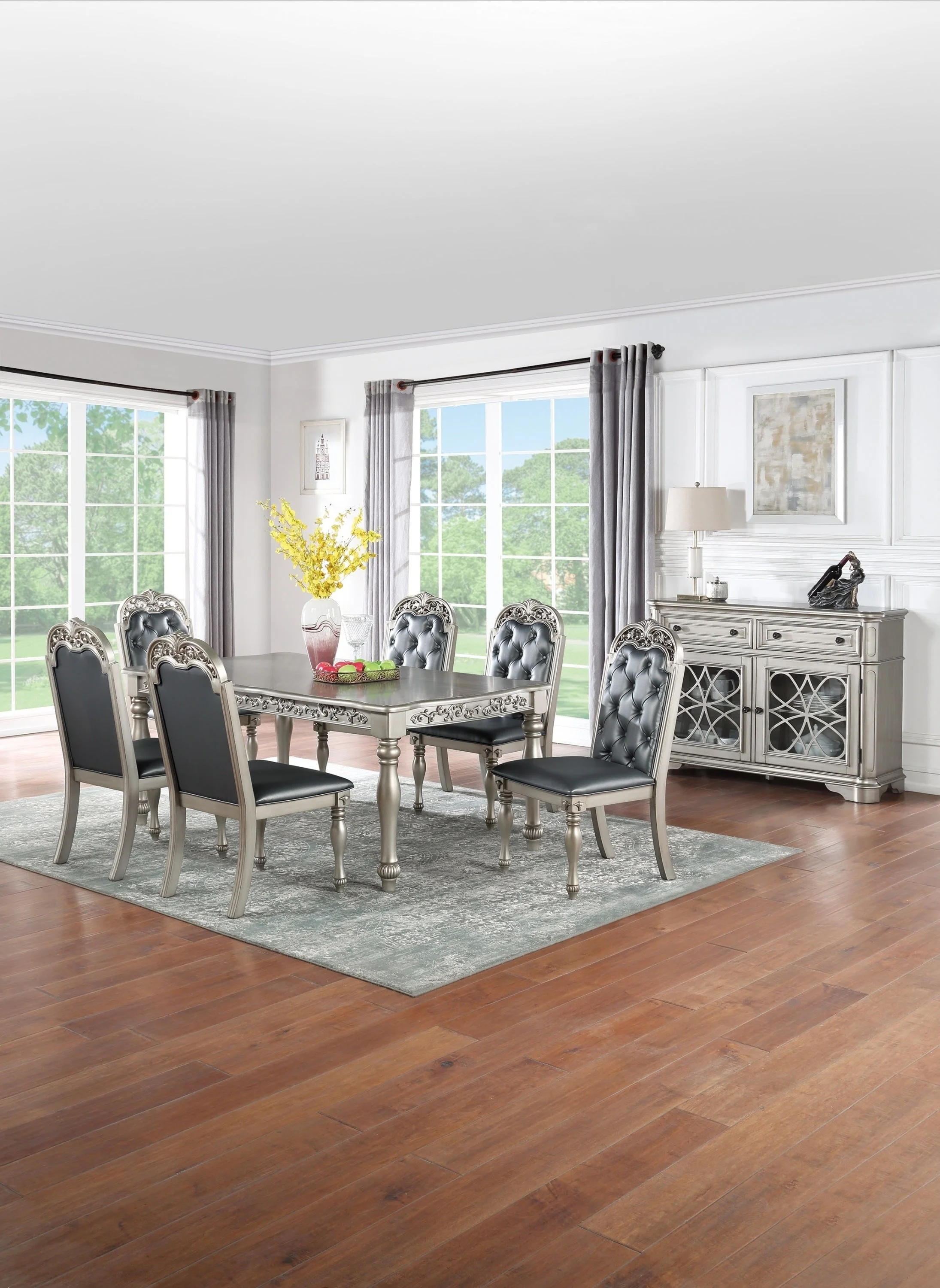 Hampton 7pc Dining Set Table  6x Side Chairs  - Gray+Silver