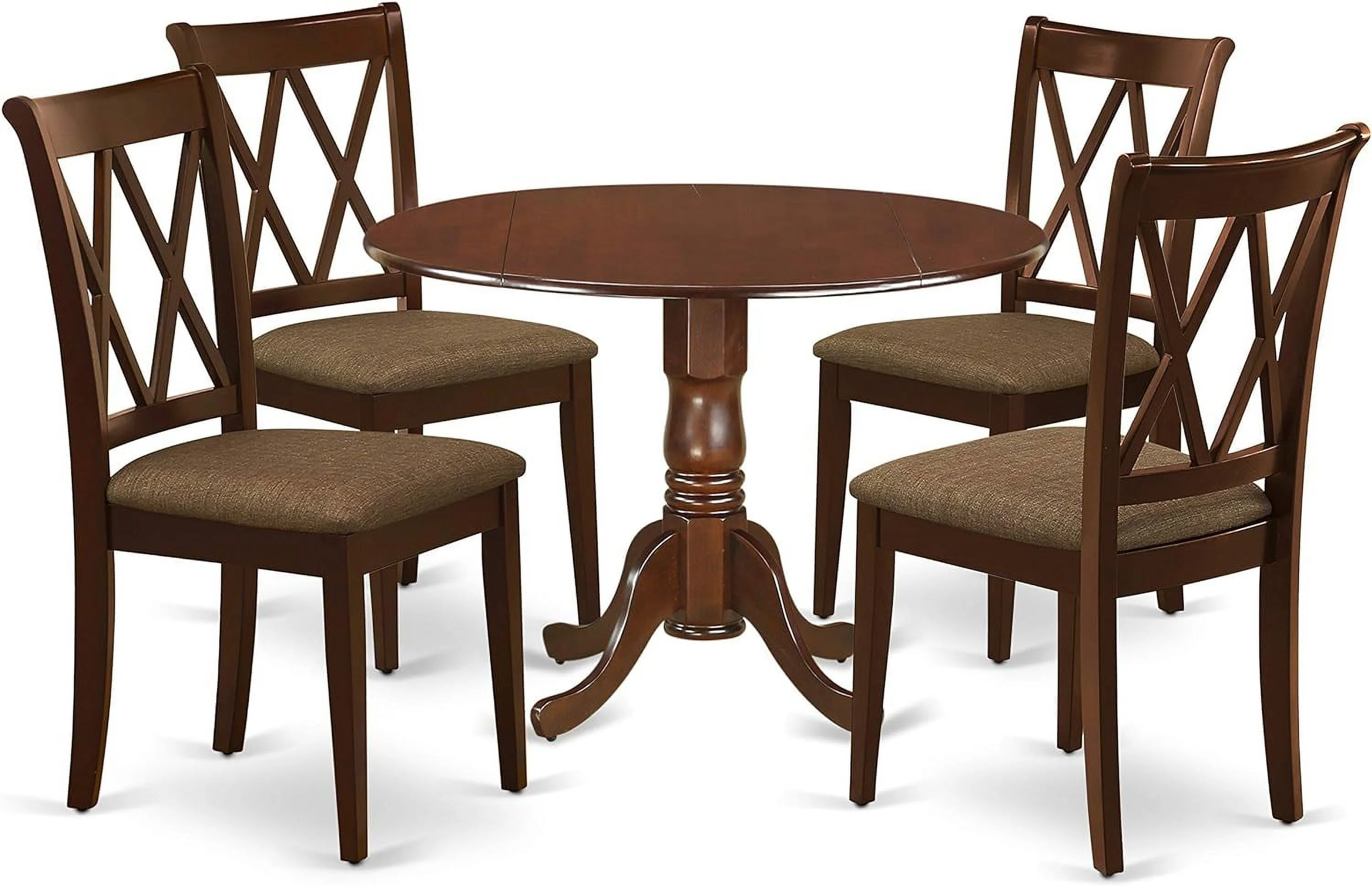 Dublin 5 Piece Modern Set Includes A Round Wooden Table With Dropleaf And 4 Linen Fabric Dining Room Chairs, 42X42 Inch, Mahogany