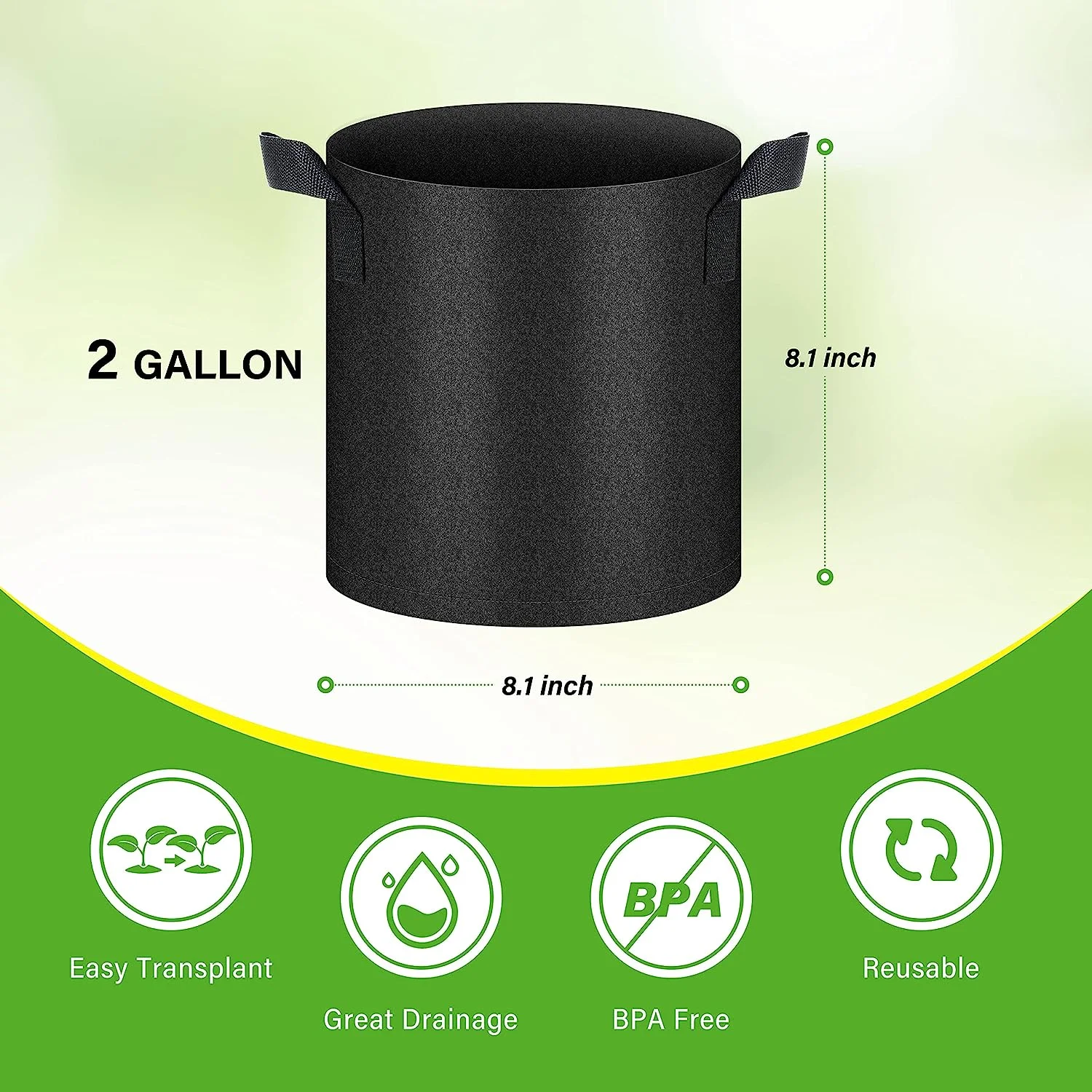 HealSmart 6-Pack 2 Gallon Nonwoven Grow Bags Plant Fabric Pots -Black