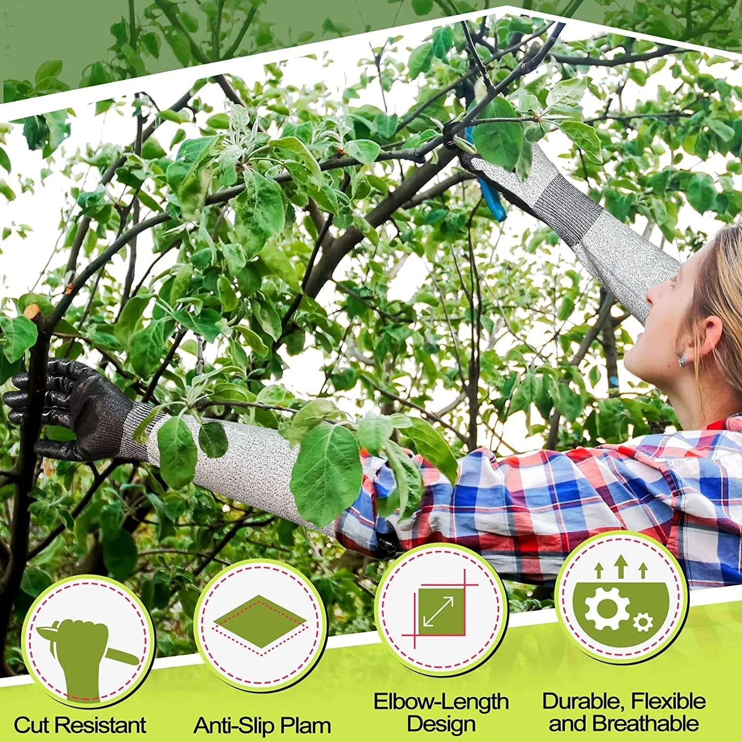 EvridWear Long Gardening Gloves Cut Resistant Sleeves with Anti-slip Nitrile Coated Palm for Gardening and Landscaping