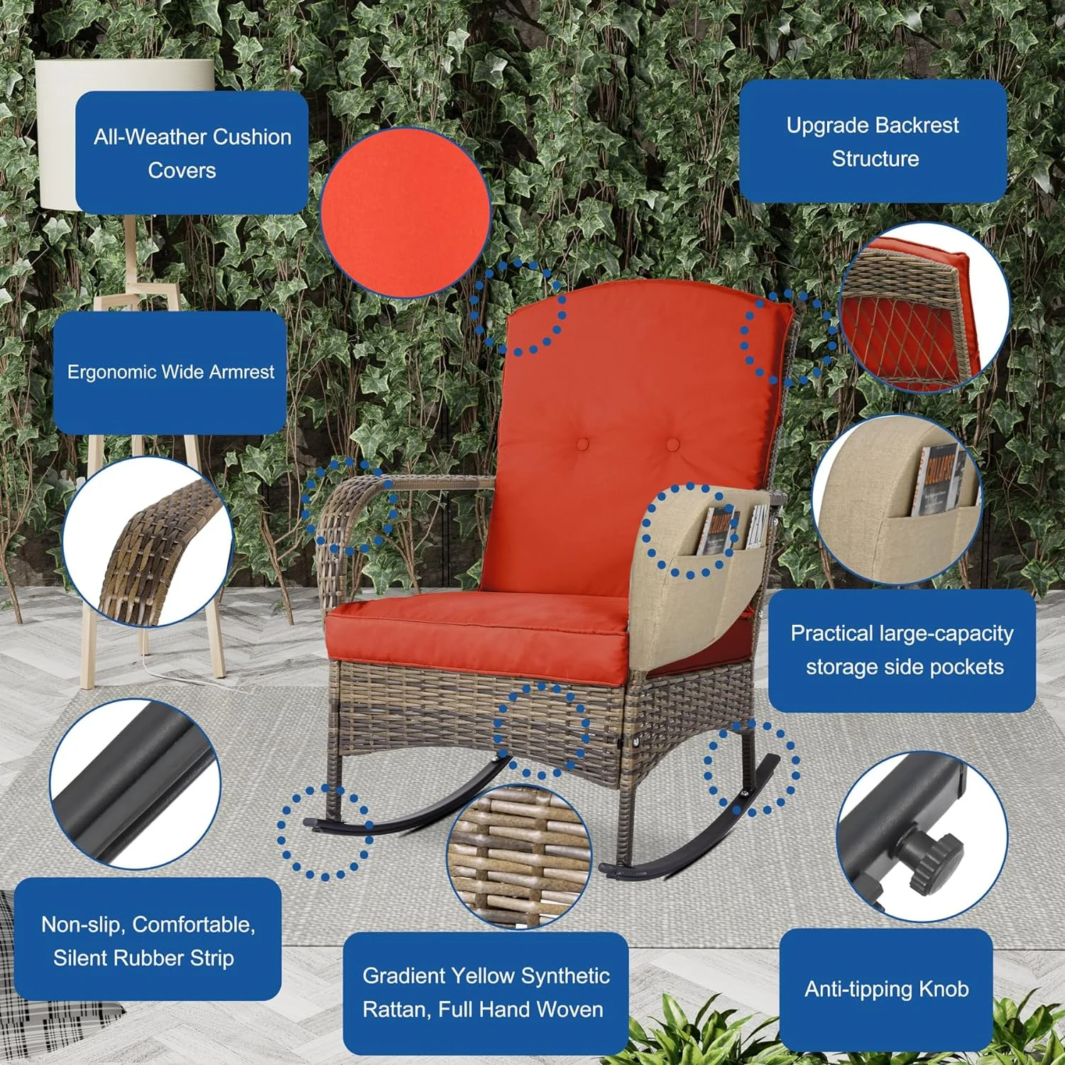 Dina 3-Piece Outdoor Furniture Set  Patio Conversation Chair  Wicker Cushioned Patio Rocker with Side Table for Porch  Garden  Poolside & Deck  Blue
