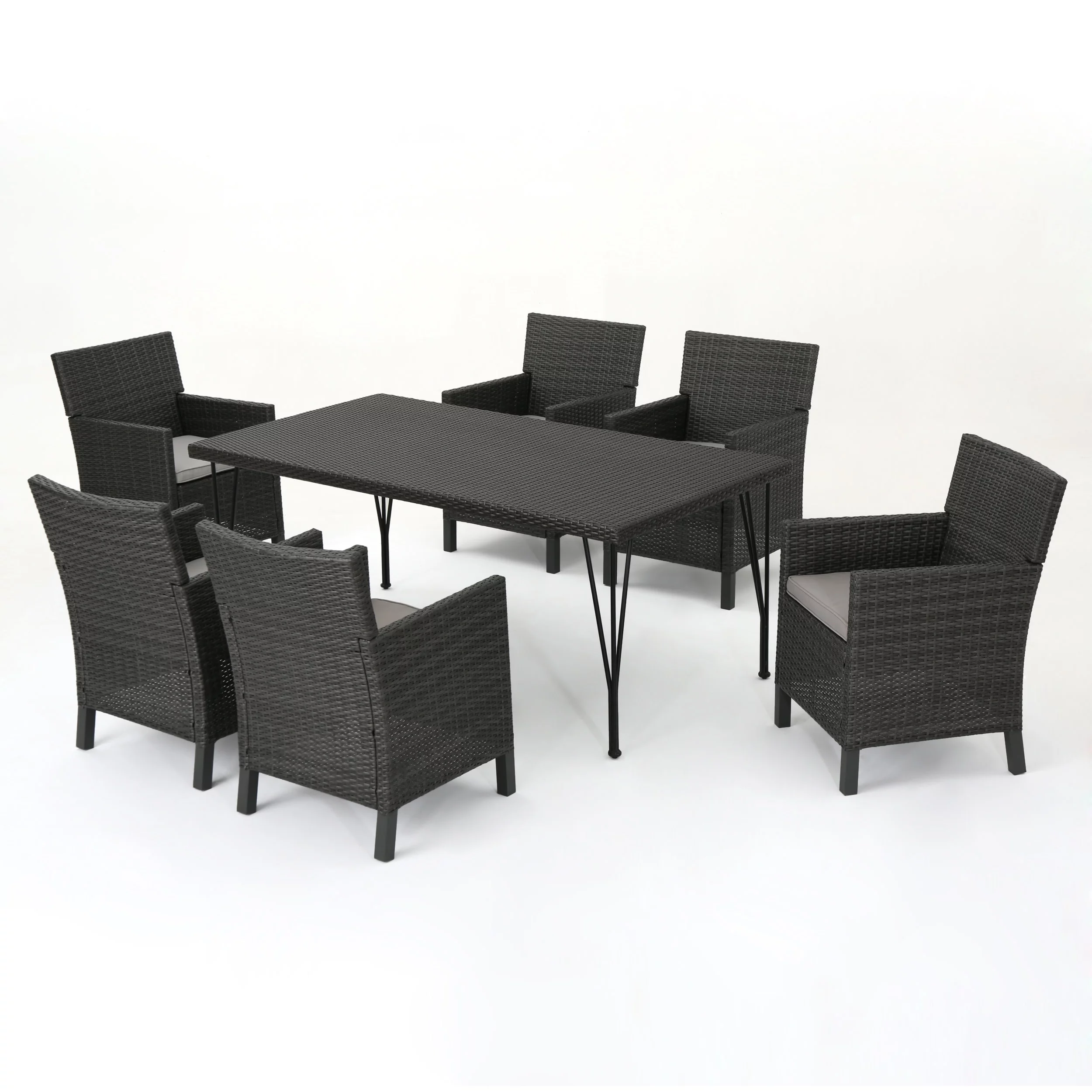 GDF Studio Axeford Outdoor Wicker 7 Piece Dining Set with Cushion, Gray, Light Gray, and Matte Black