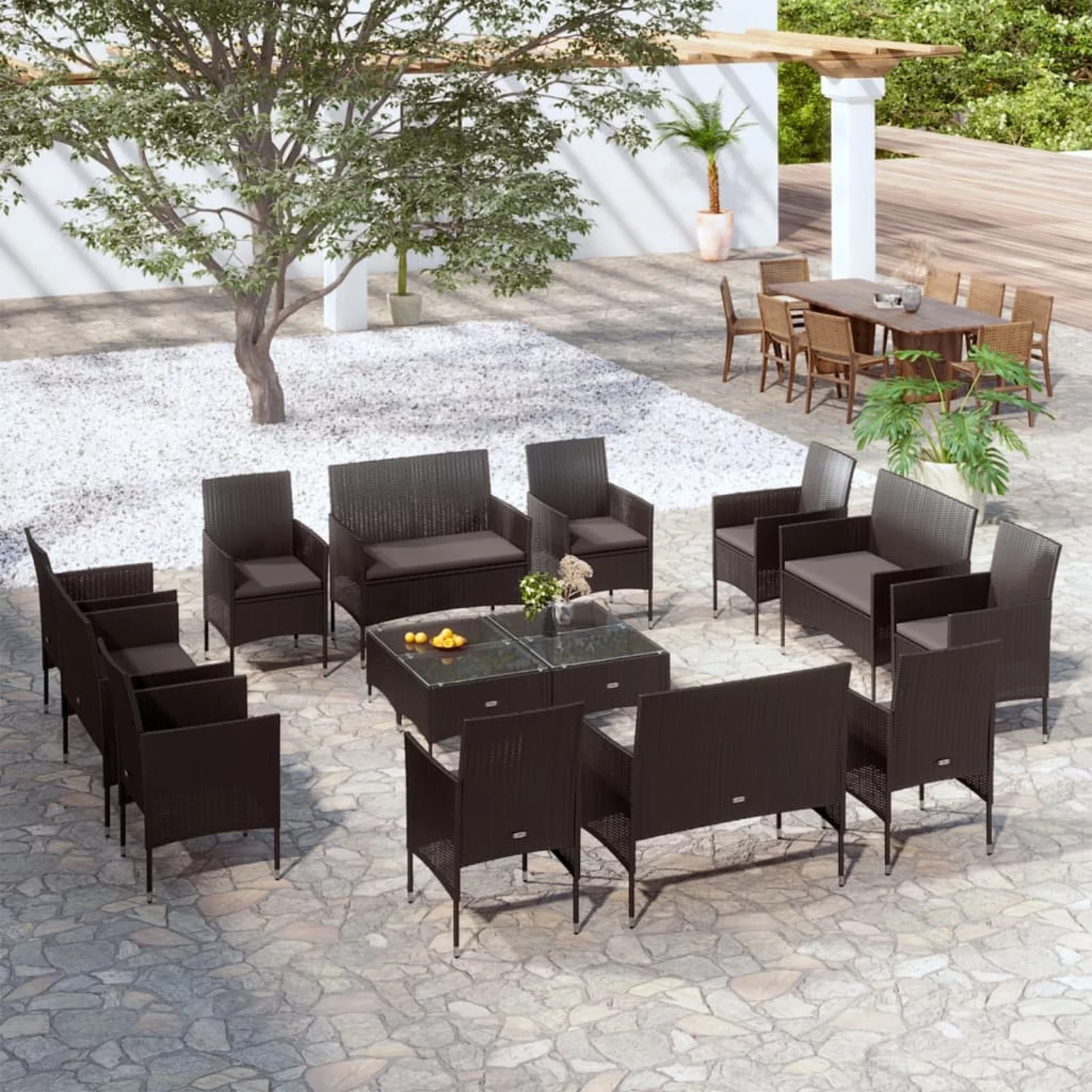 moobody 16 Piece Garden Conversation Set Black Cushioned 2-Seater Sofas with 8 Armchair and 4 Table Black Poly Rattan Sectional Outdoor Furniture Set for Patio, Backyard, Balcony