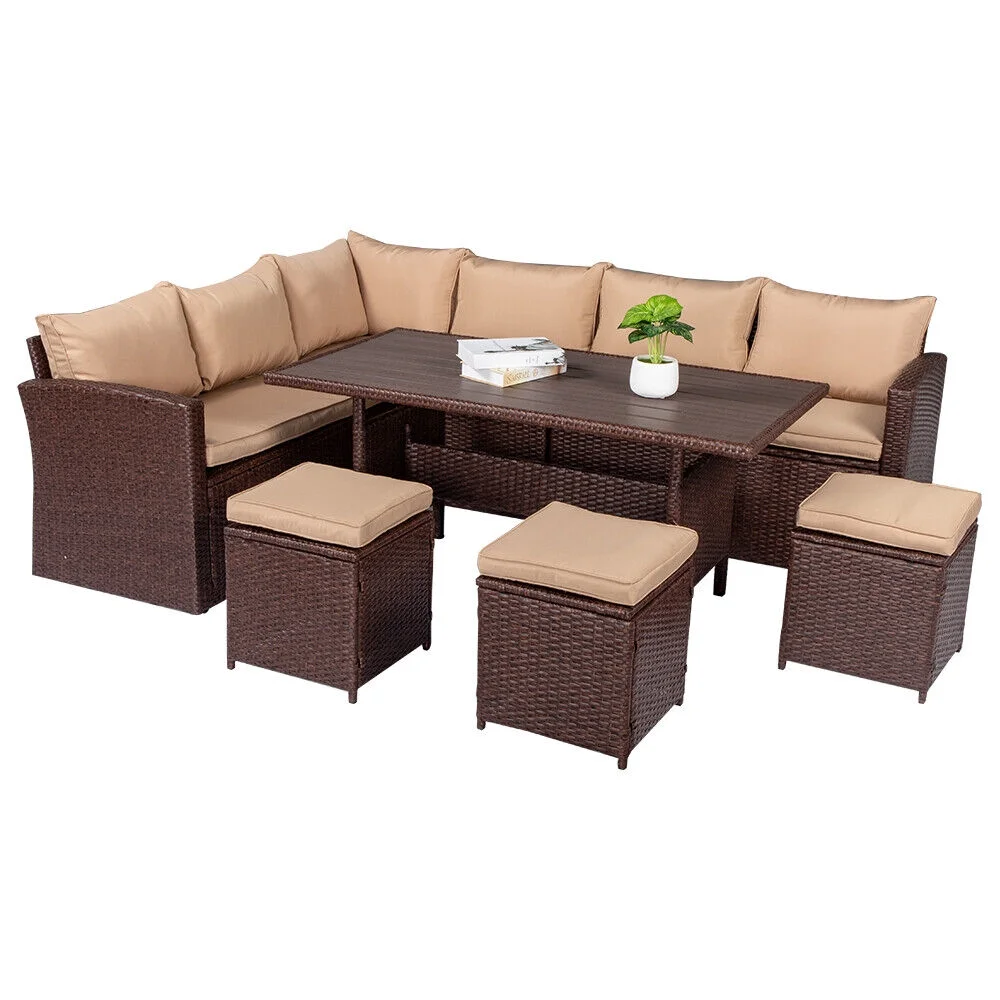8PCS Patio Rattan Dining Set Cushioned Sofa Ottoman Table Yard Furniture