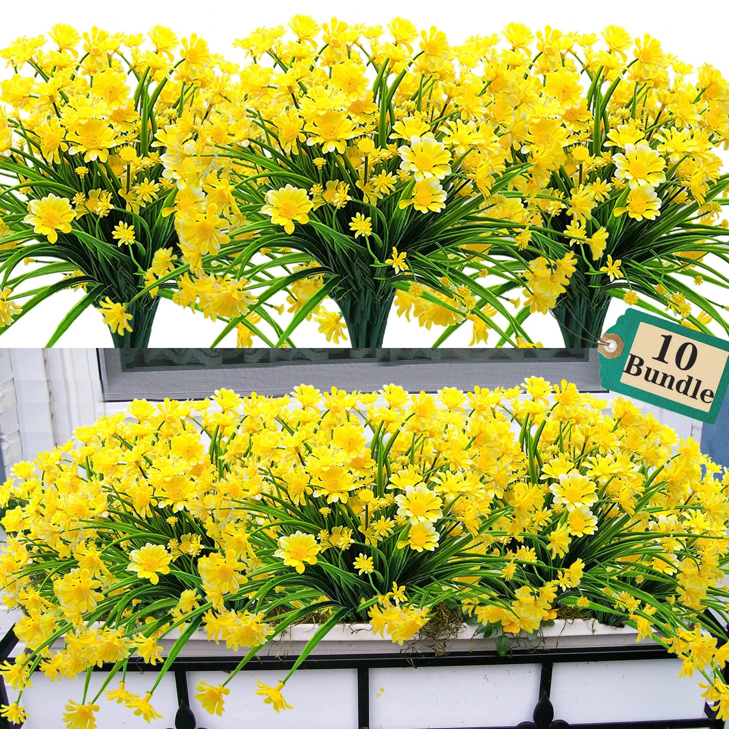 10 Bundles Artificial Daisies Flowers Outdoor, Fake Plastic Plants UV Resistant Faux Greenery for Hanging Planters Window Box Front Porch Indoor Outside Decorations(Yellow)