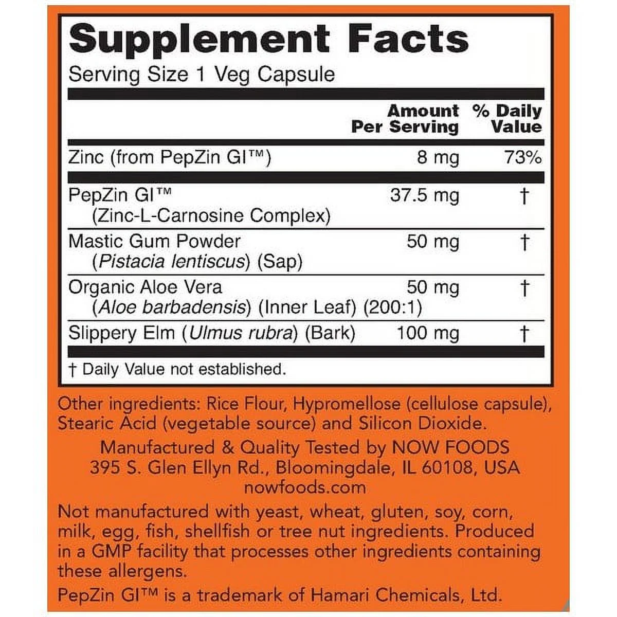 NOW Foods Supplement, Gastro Comfort with PepZin GI, Zinc-L-Carnosine Complex 60 Veg Capsules